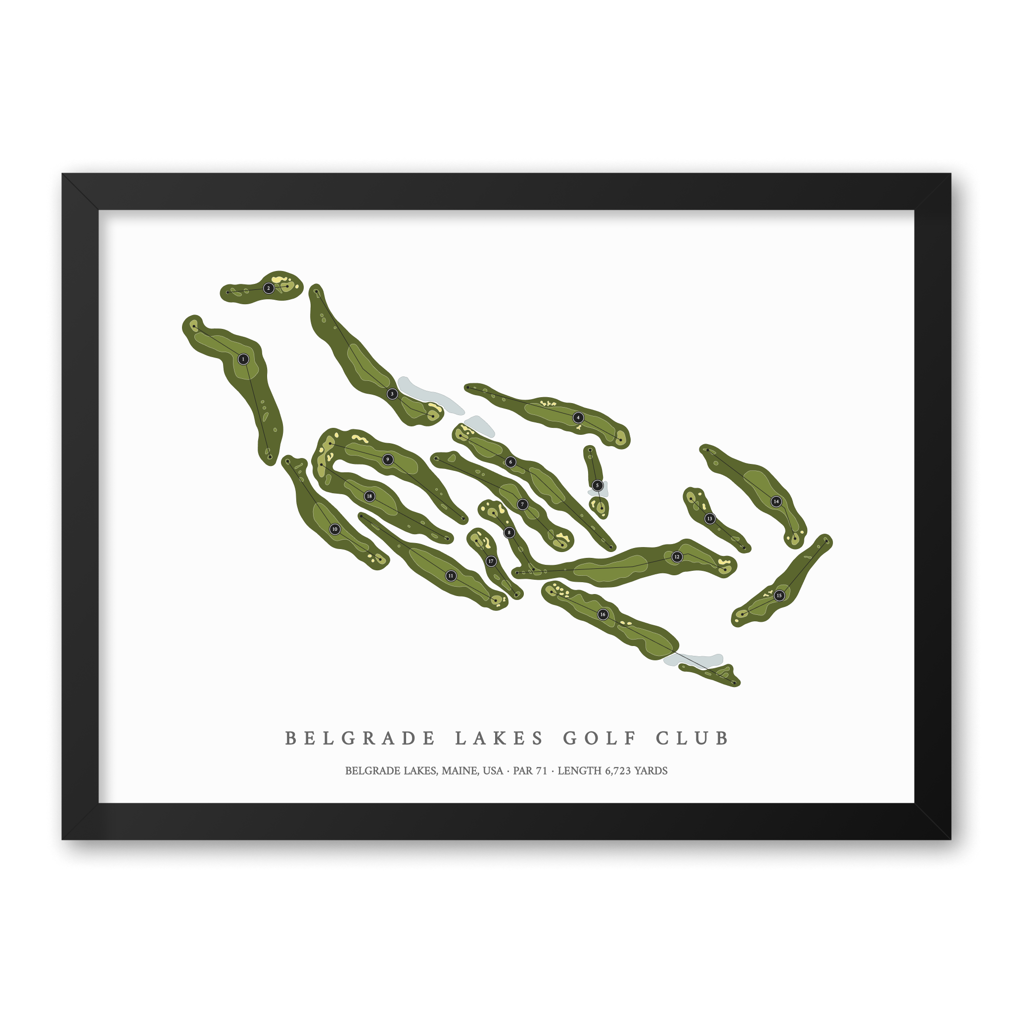 Belgrade Lakes Golf Club| Golf Course Print | Black Frame With Hole Numbers #hole numbers_yes