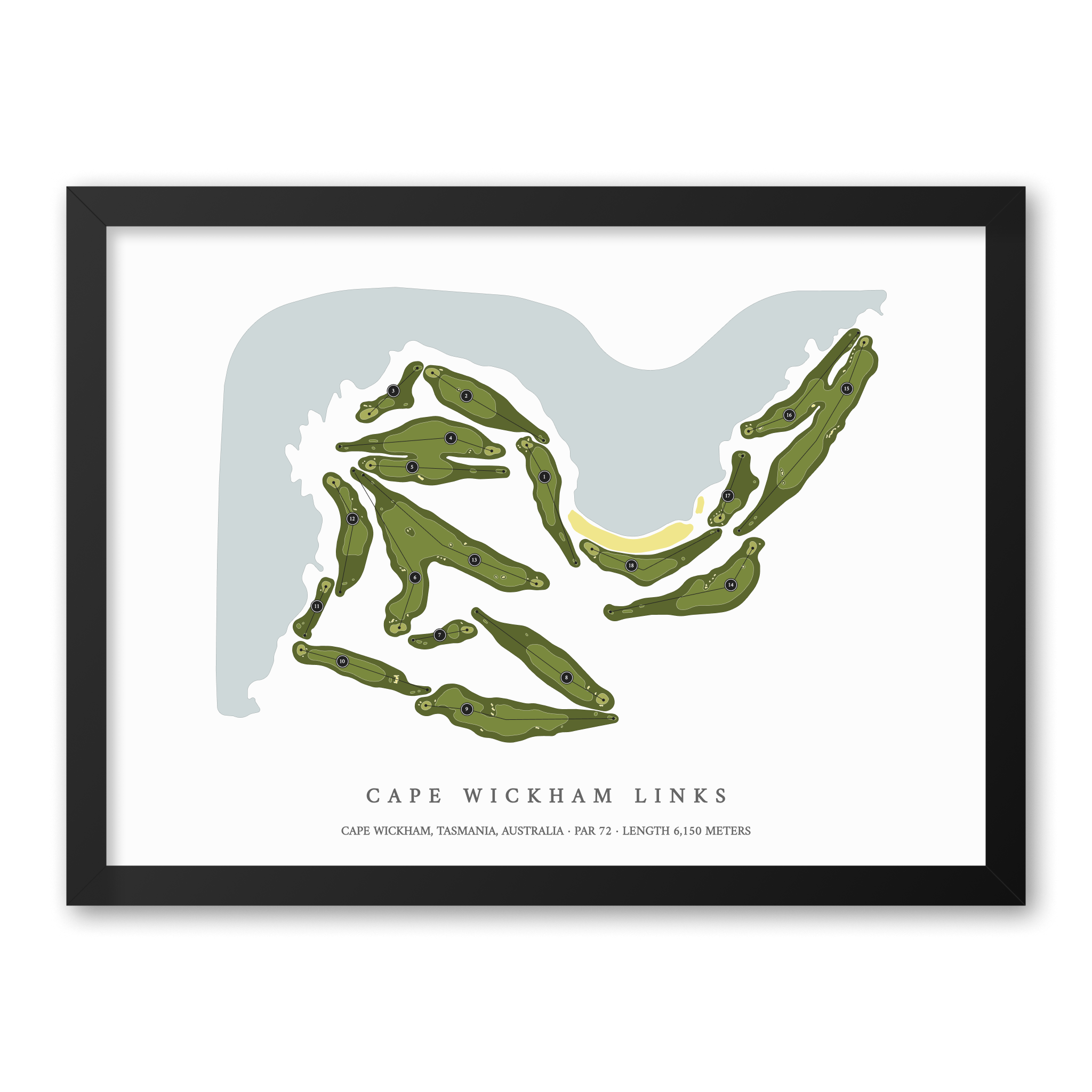 Cape Wickham Links | Golf Course Map | Black Frame With Hole Numbers #hole numbers_yes