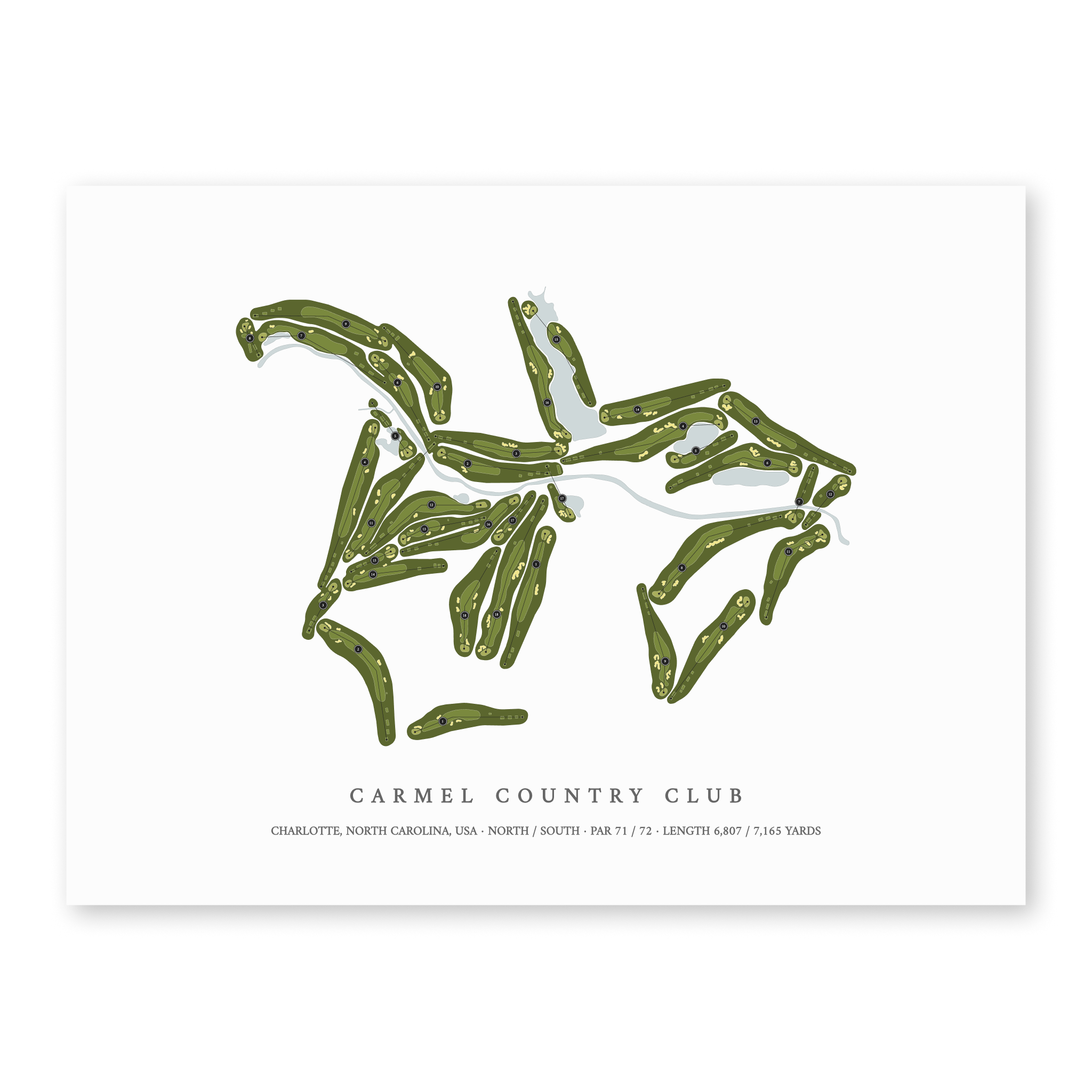 Carmel Country Club | Golf Course Map | Unframed With Hole Numbers #hole numbers_yes