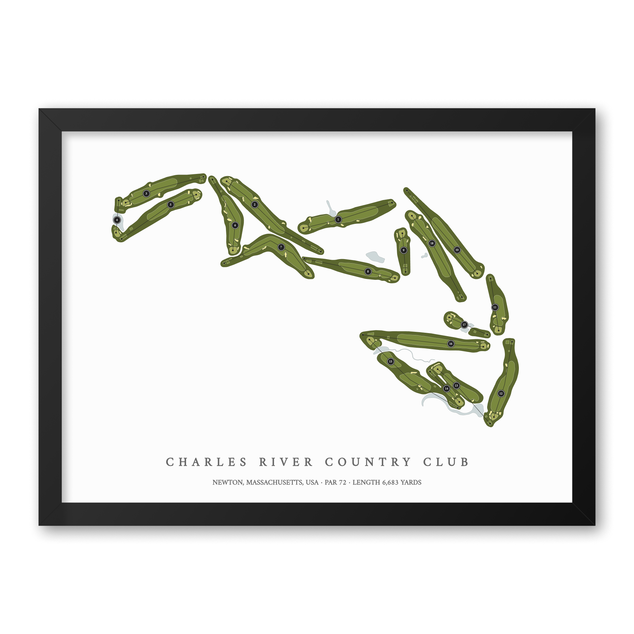 Charles River Country Club| Golf Course Print | Black Frame With Hole Numbers #hole numbers_yes