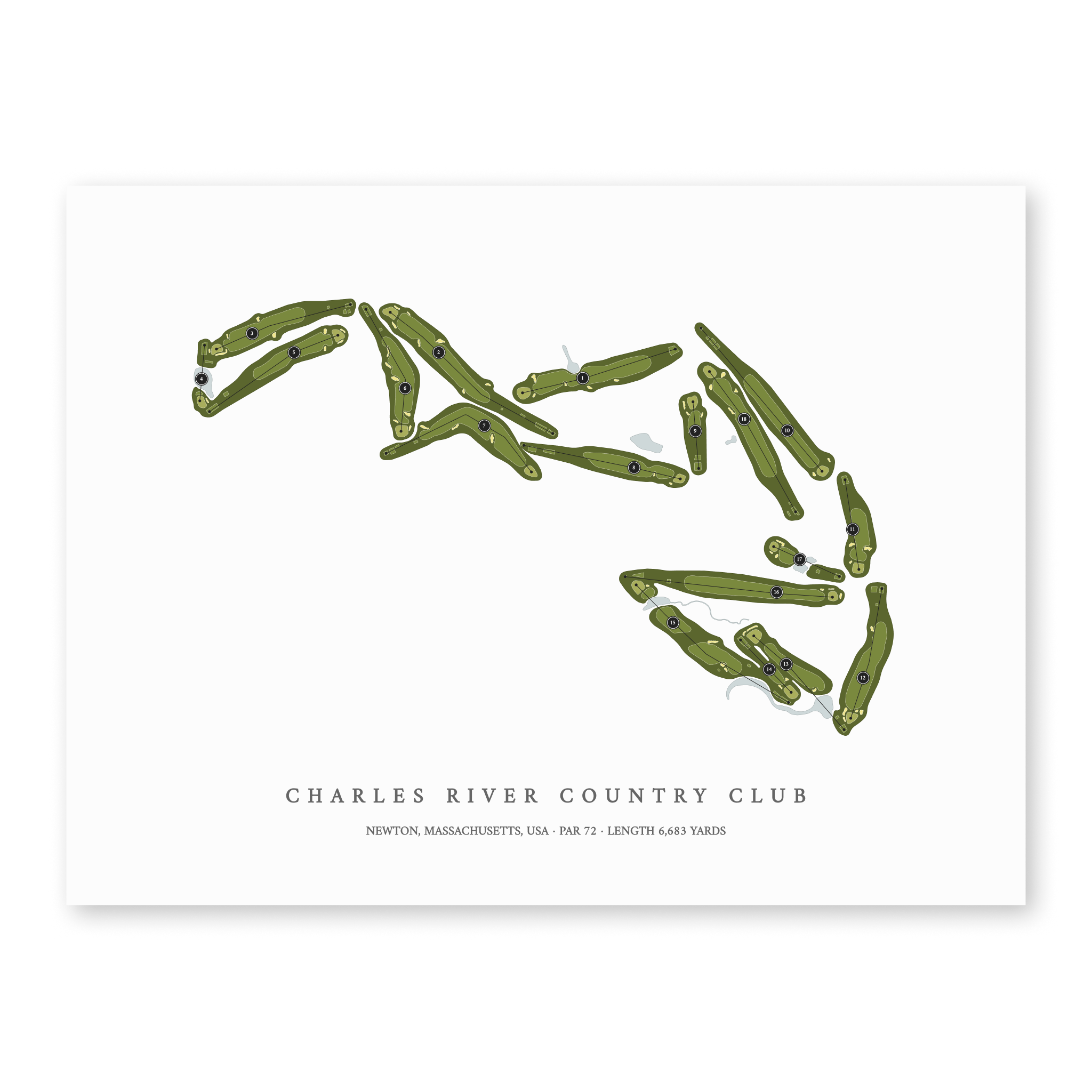 Charles River Country Club| Golf Course Print | Unframed With Hole Numbers #hole numbers_yes