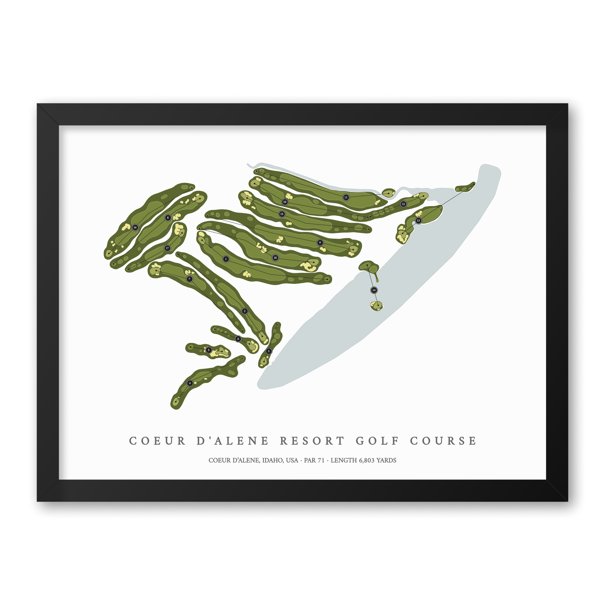 Coeur D Alene Resort Golf Course| Golf Course Print | Black Frame With Hole Numbers #hole numbers_yes