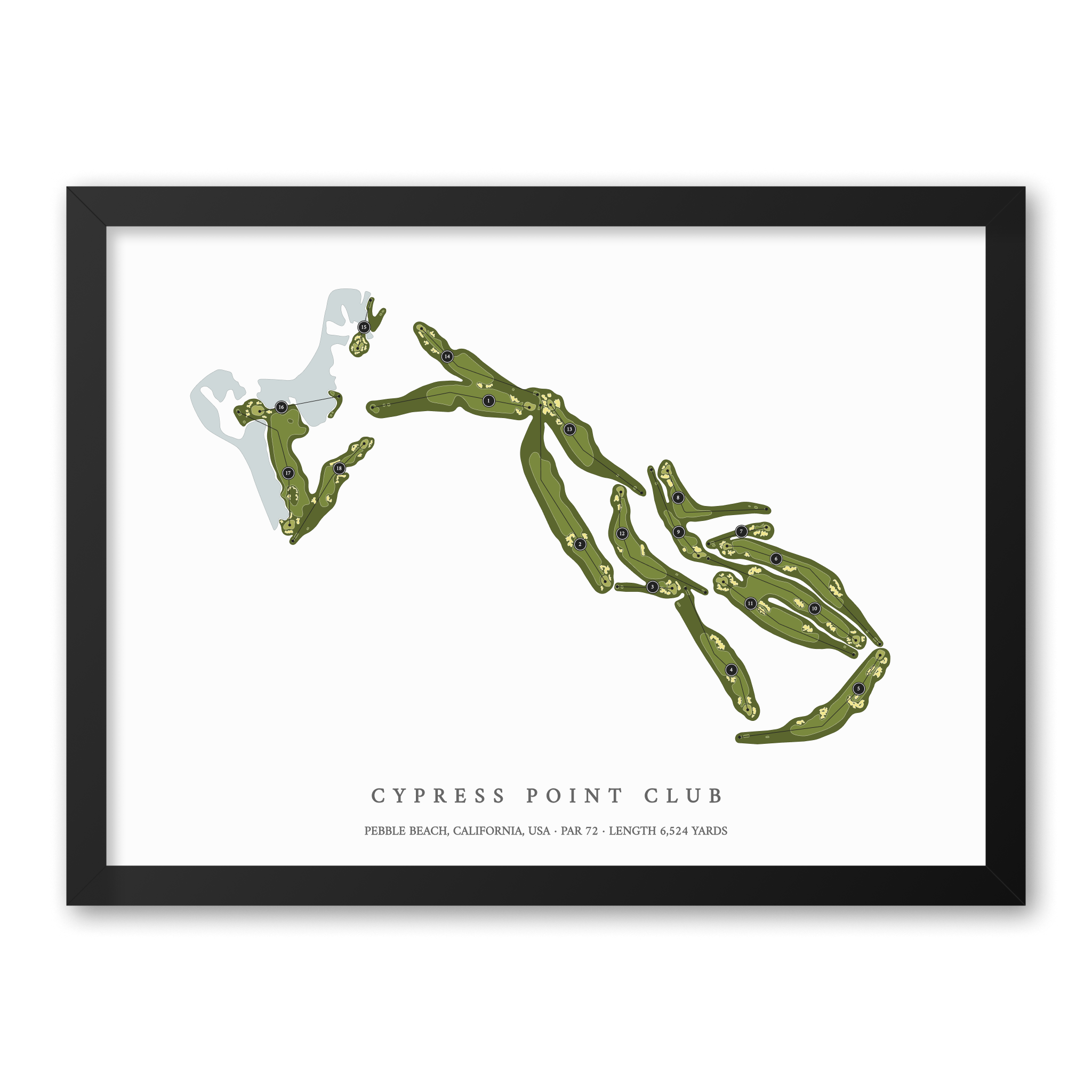 Cypress Point Club| Golf Course Print | Black Frame With Hole Numbers #hole numbers_yes