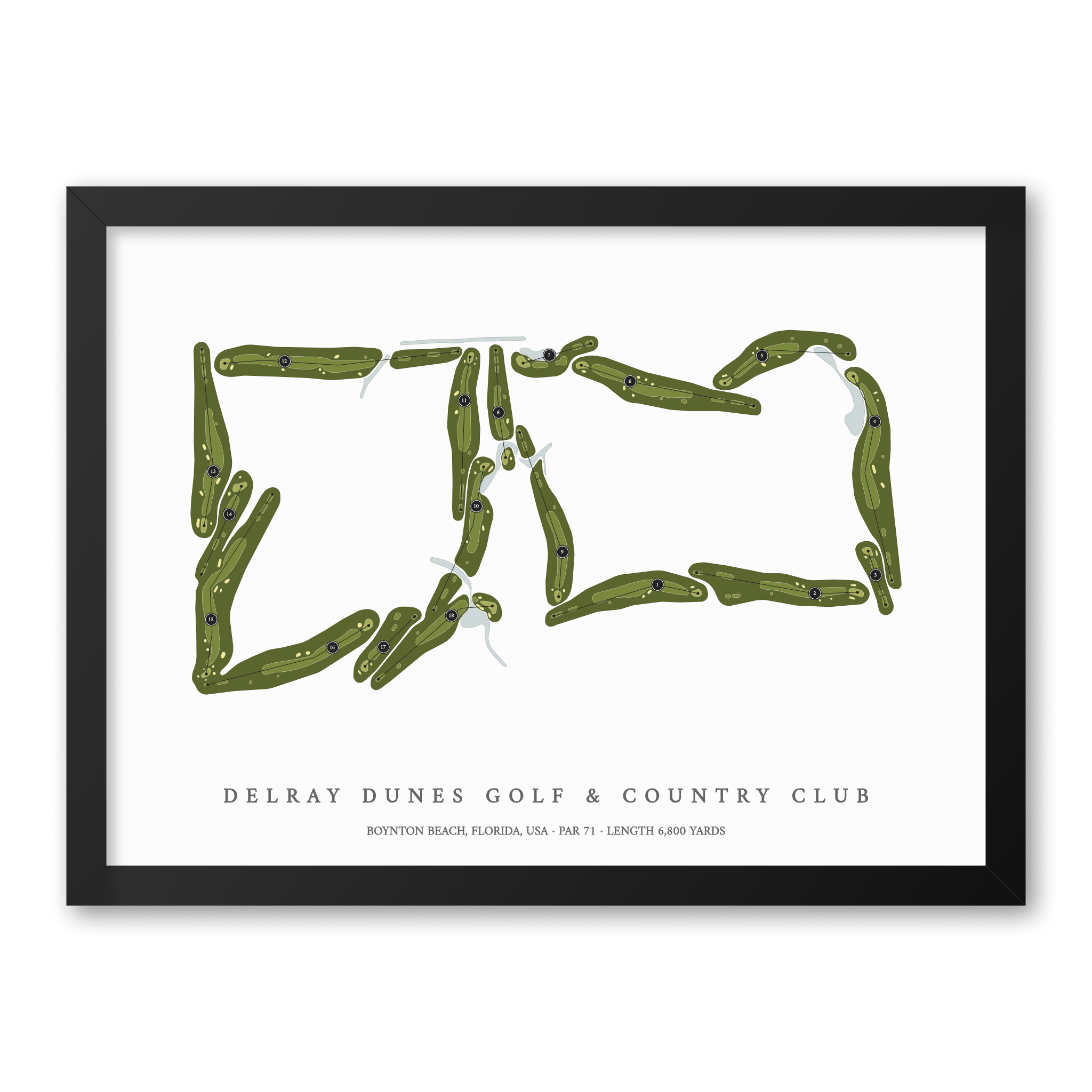 Delray Dunes Golf & Country Club | Golf Course Map | Black Frame With Hole Numbers #hole numbers_yes
