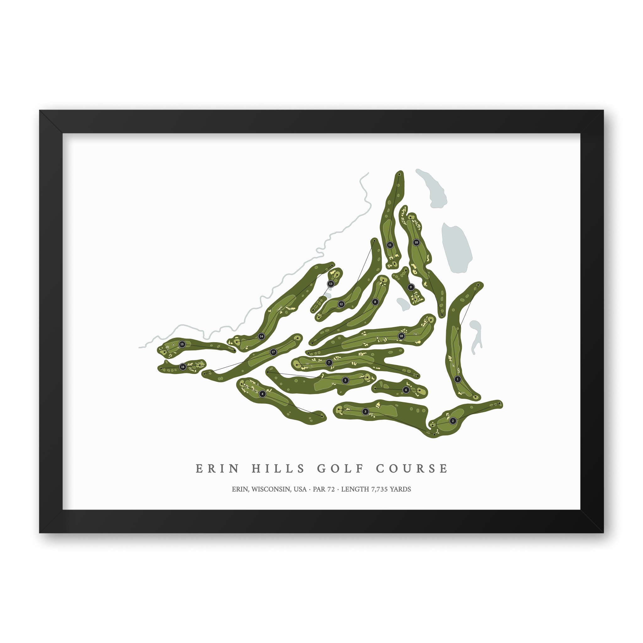 Erin Hills Golf Course| Golf Course Print | Black Frame With Hole Numbers #hole numbers_yes