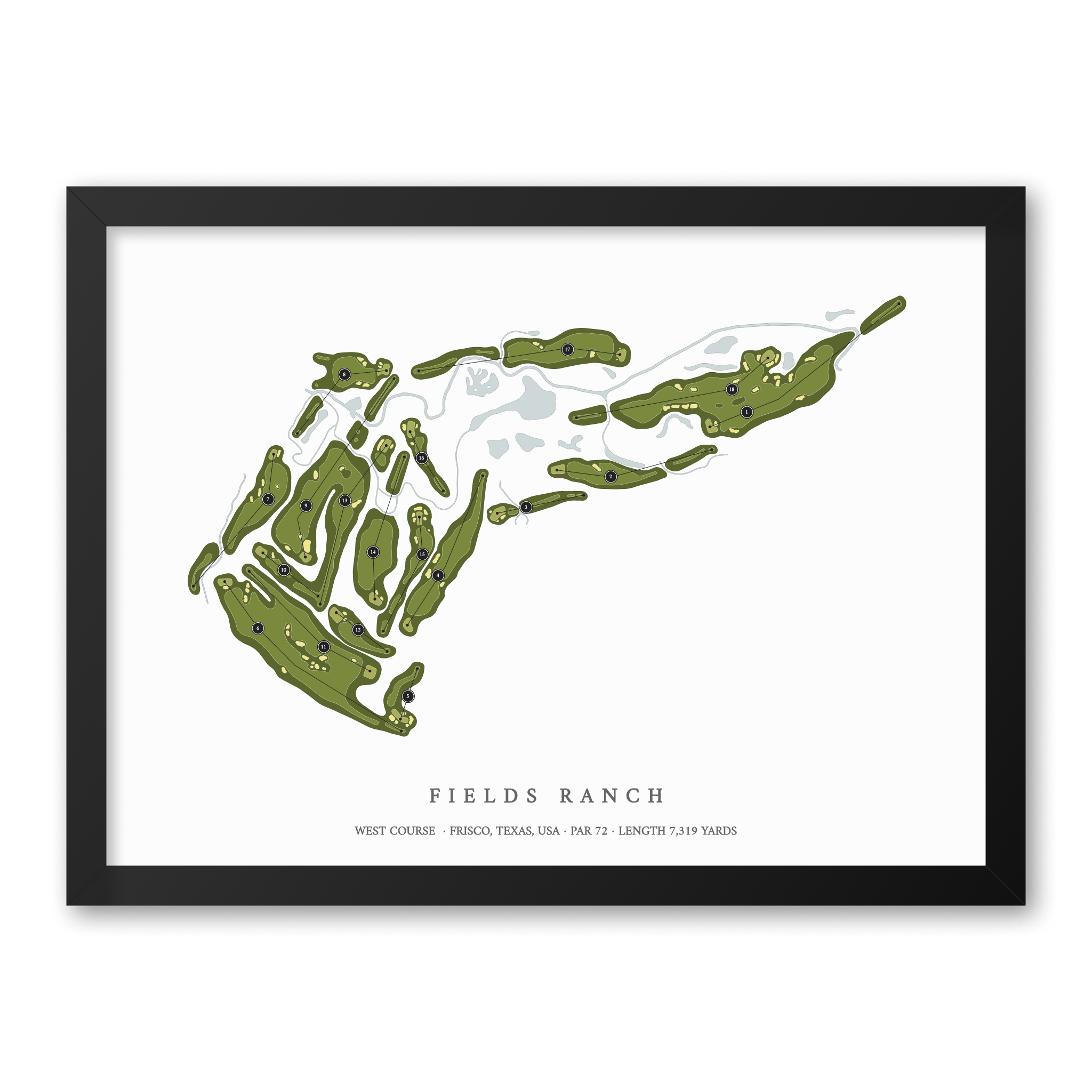 Fields Ranch - West Course | Golf Course Map | Black Frame With Hole Numbers #hole numbers_yes
