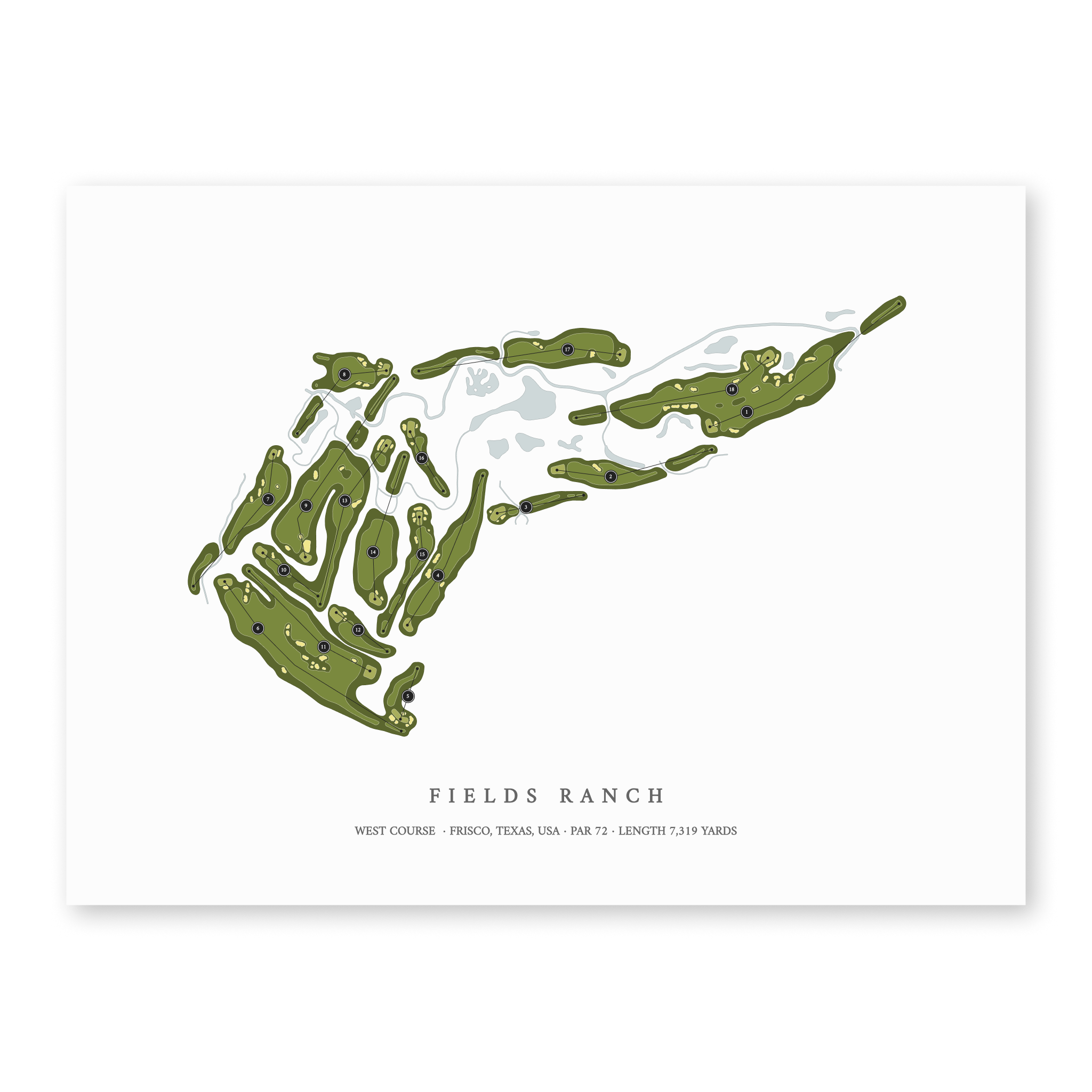 Fields Ranch - West Course | Golf Course Map | Unframed With Hole Numbers #hole numbers_yes