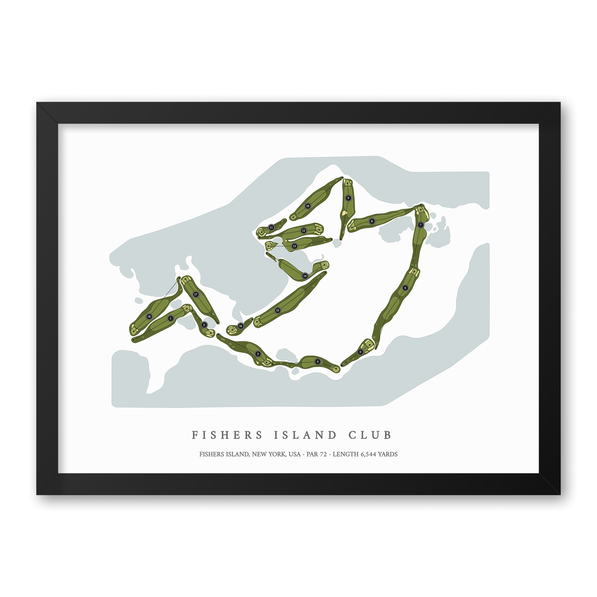 Fishers Island Club| Golf Course Print | Black Frame With Hole Numbers #hole numbers_yes