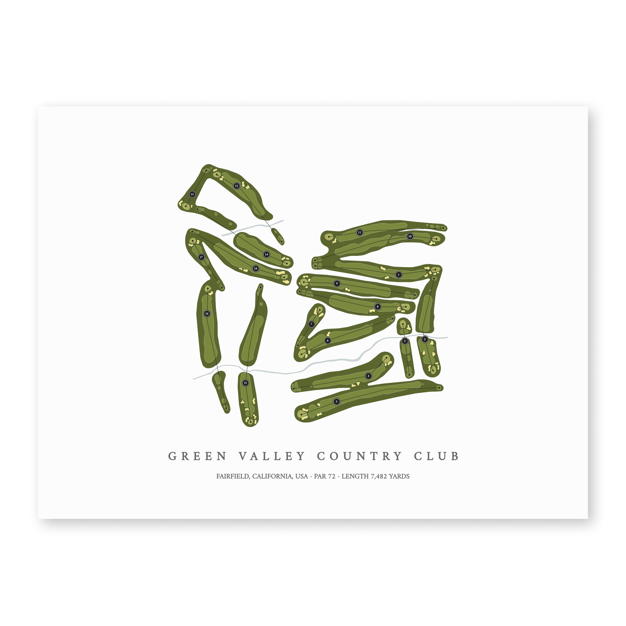 Green Valley Country Club | Golf Course Map | Unframed With Hole Numbers #hole numbers_yes