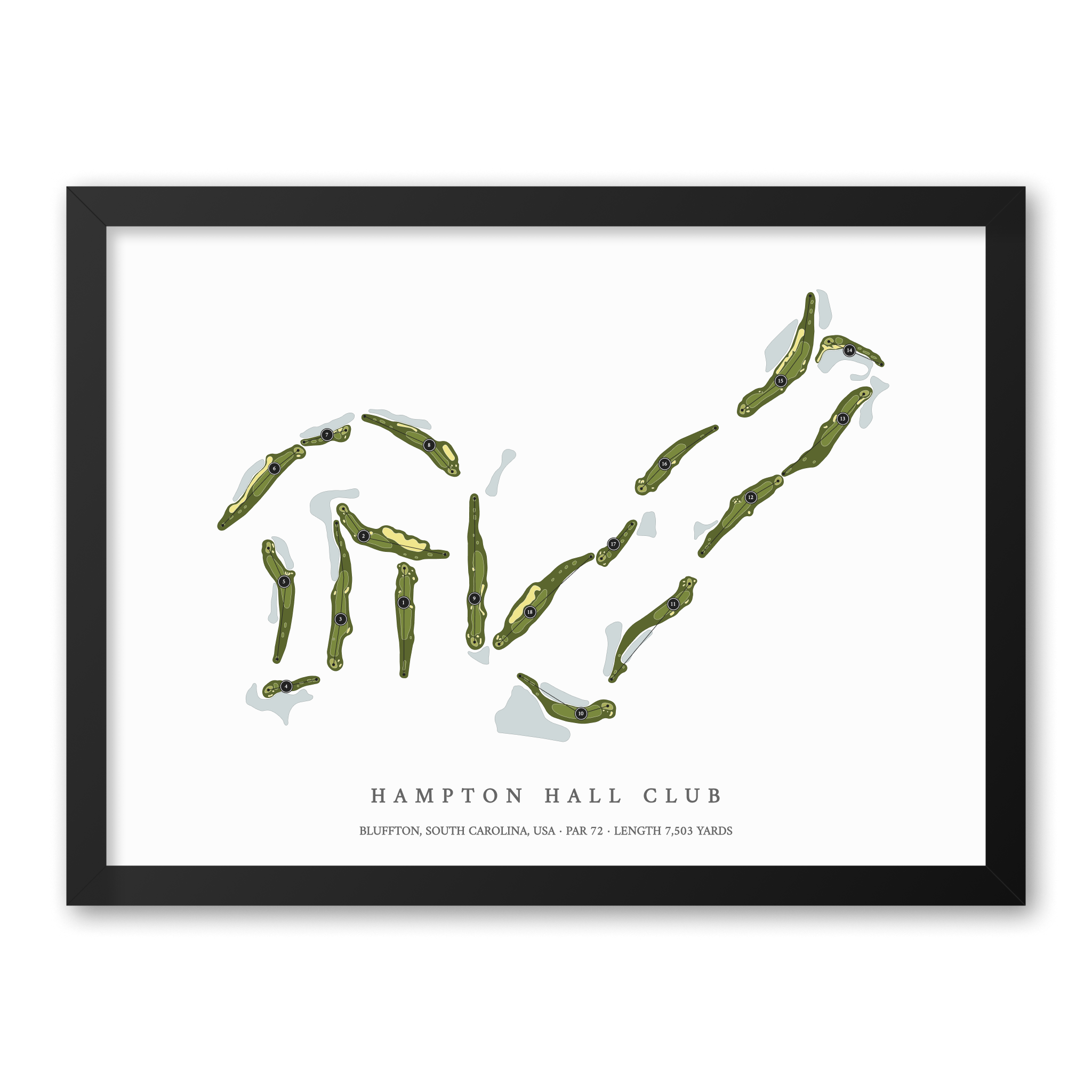 Hampton Hall Club| Golf Course Print | Black Frame With Hole Numbers #hole numbers_yes