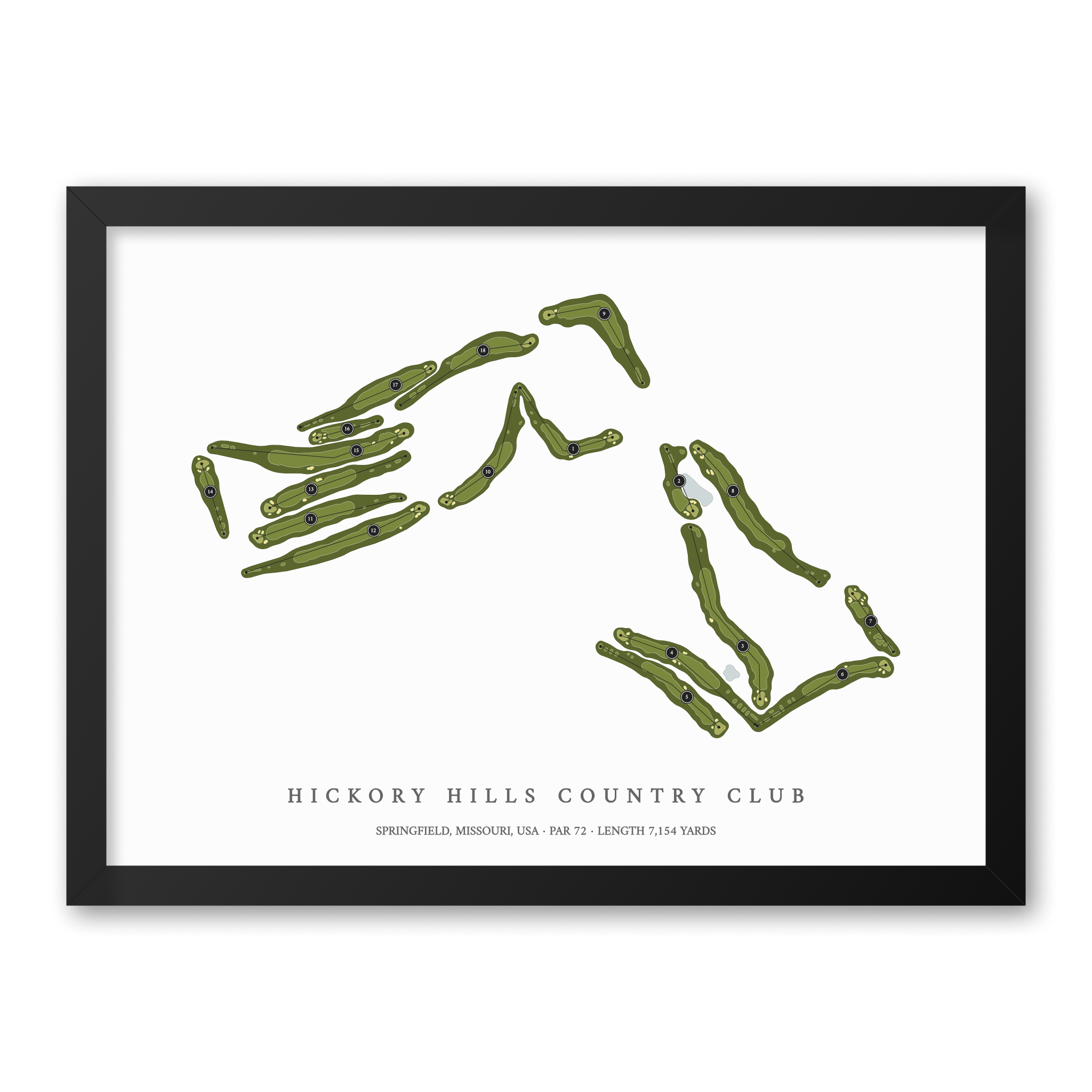 Hickory Hills Country Club| Golf Course Print | Black Frame With Hole Numbers #hole numbers_yes