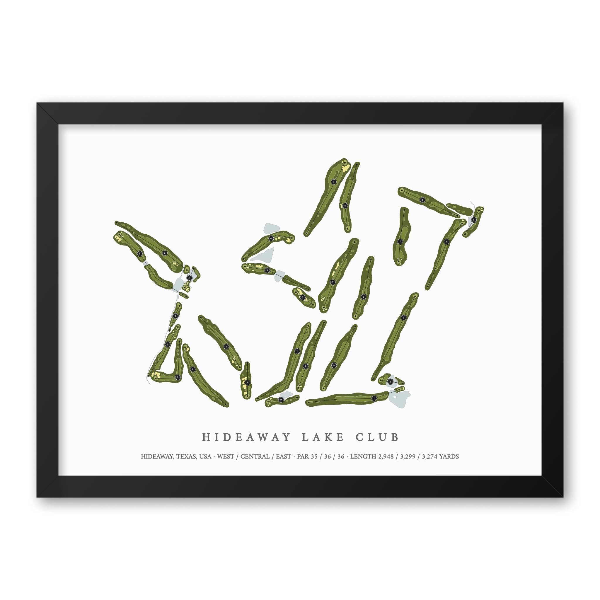 Hideaway Lake Club | Golf Course Map | Black Frame With Hole Numbers #hole numbers_yes