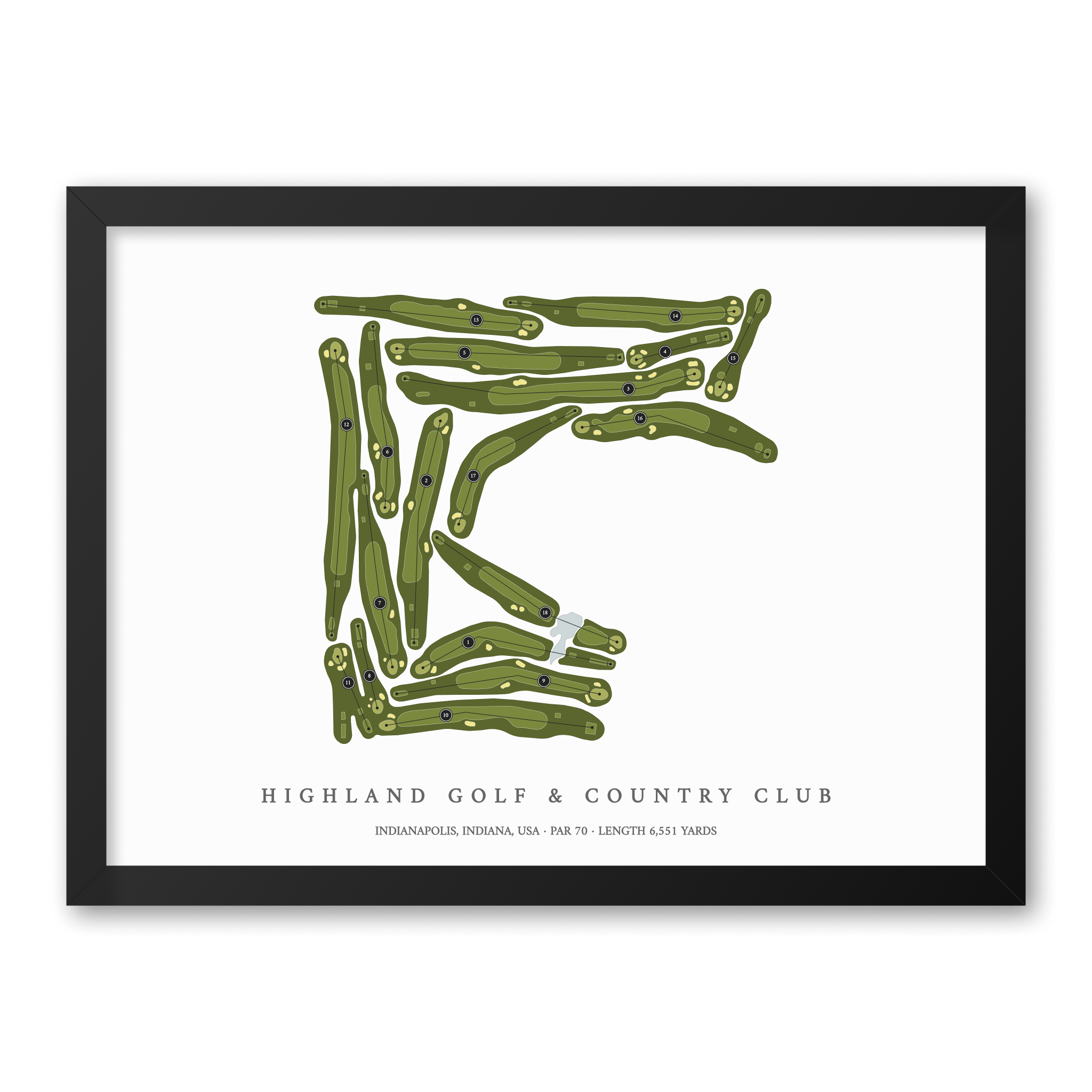 Highland Golf & Country Club | Golf Course Map | Black Frame With Hole Numbers #hole numbers_yes