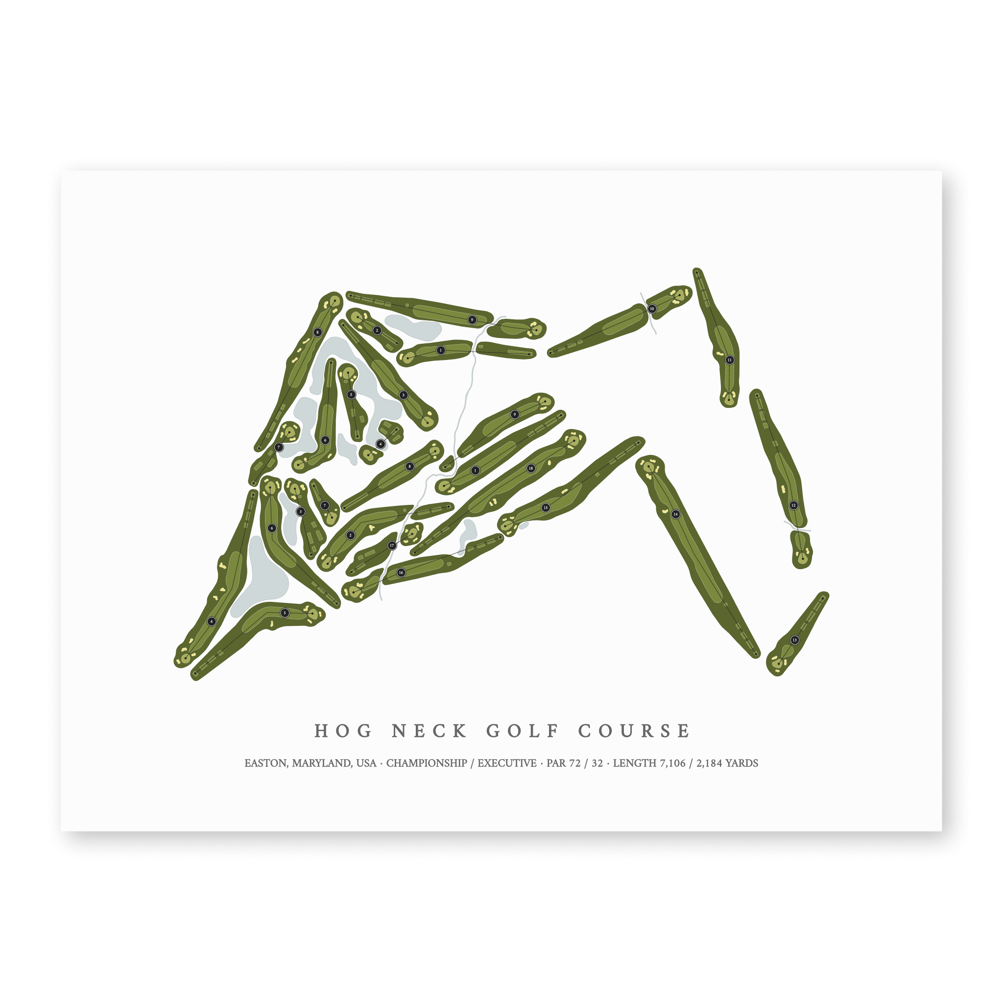 Hog Neck Golf Course | Golf Course Map | Unframed With Hole Numbers #hole numbers_yes