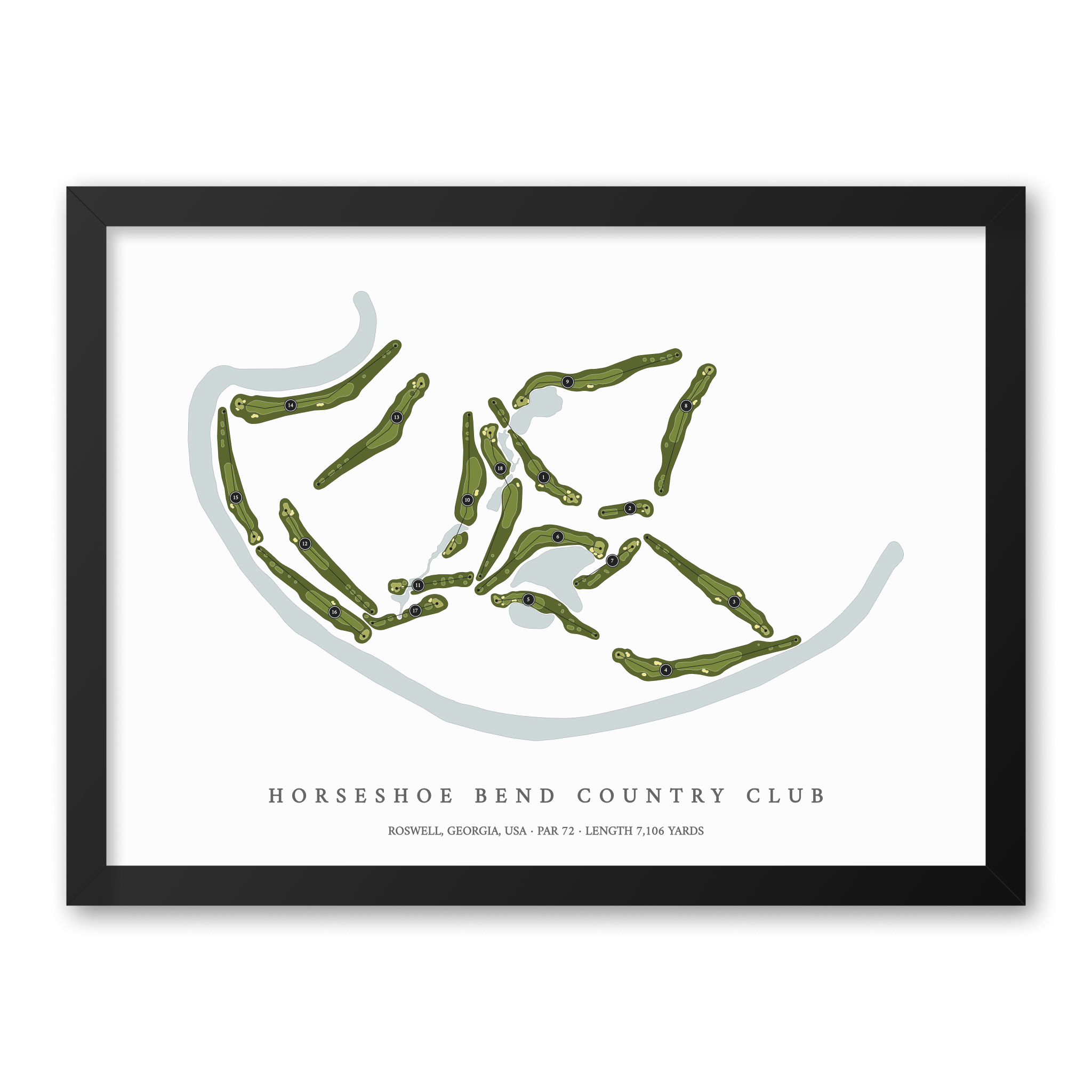 Horseshoe Bend Country Club| Golf Course Print | Black Frame With Hole Numbers #hole numbers_yes