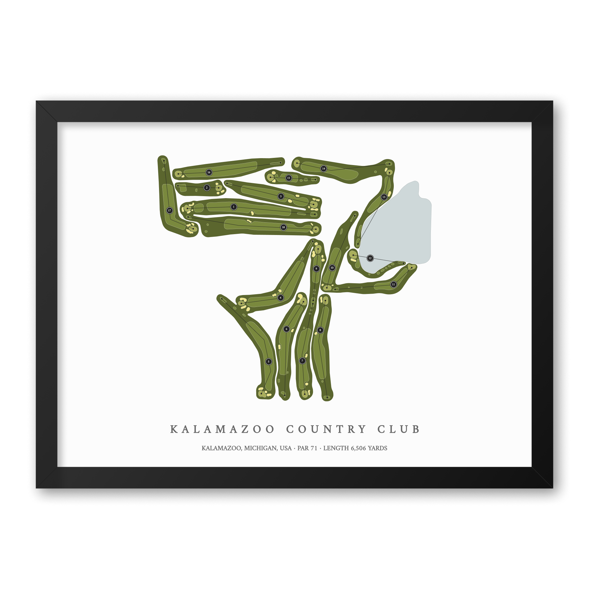 Kalamazoo Country Club| Golf Course Print | Black Frame With Hole Numbers #hole numbers_yes