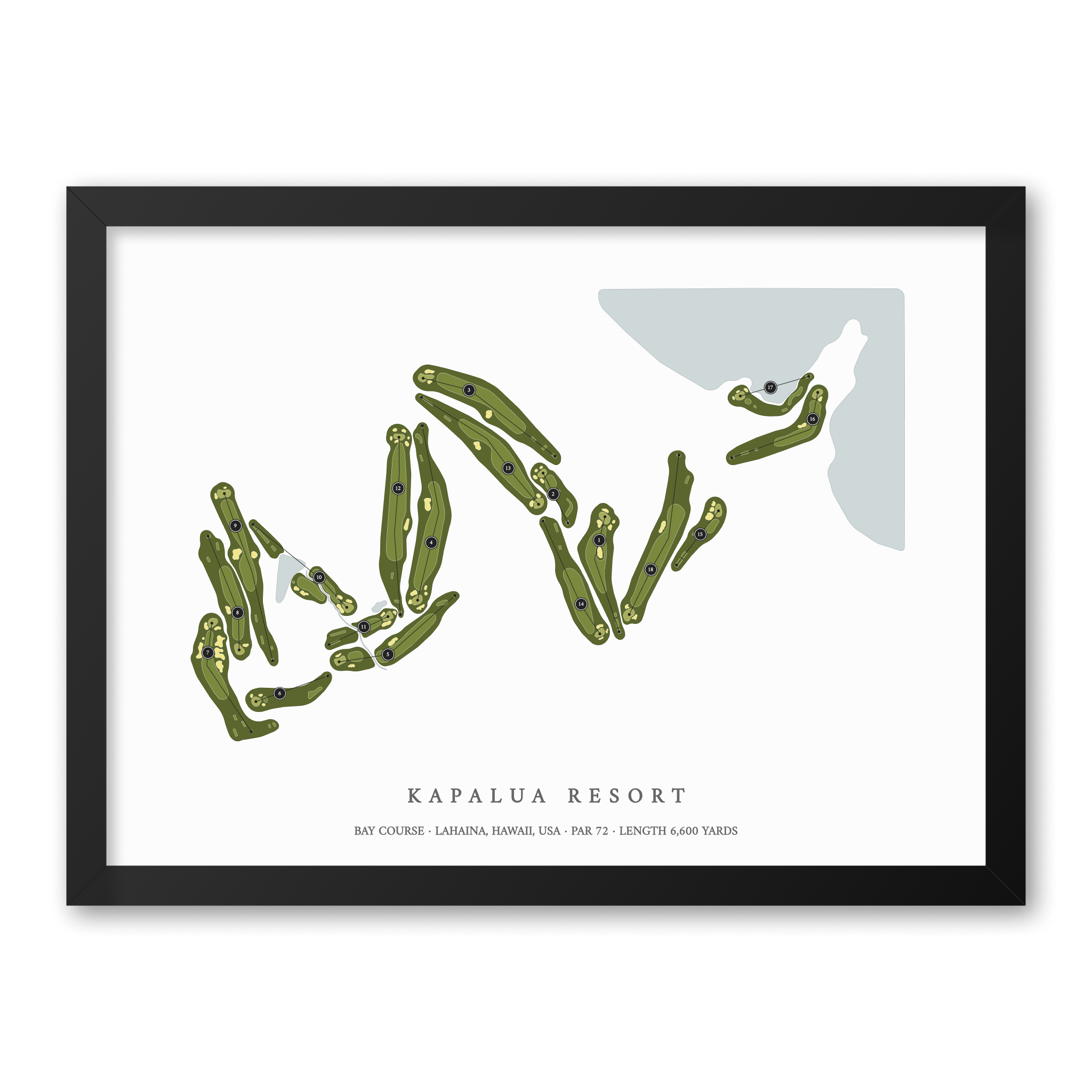 Kapalua Resort - The Bay Course| Golf Course Print | Black Frame With Hole Numbers #hole numbers_yes