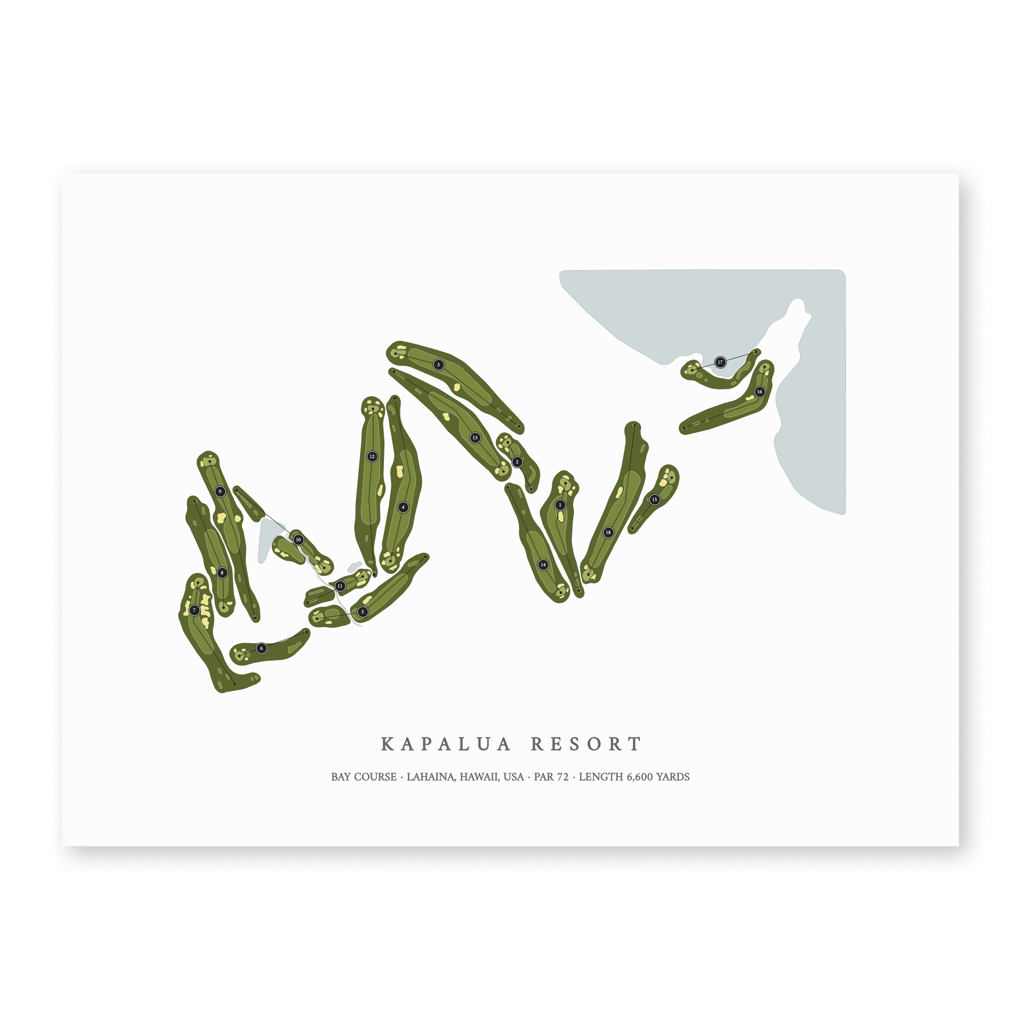 Kapalua Resort - The Bay Course| Golf Course Print | Unframed With Hole Numbers #hole numbers_yes