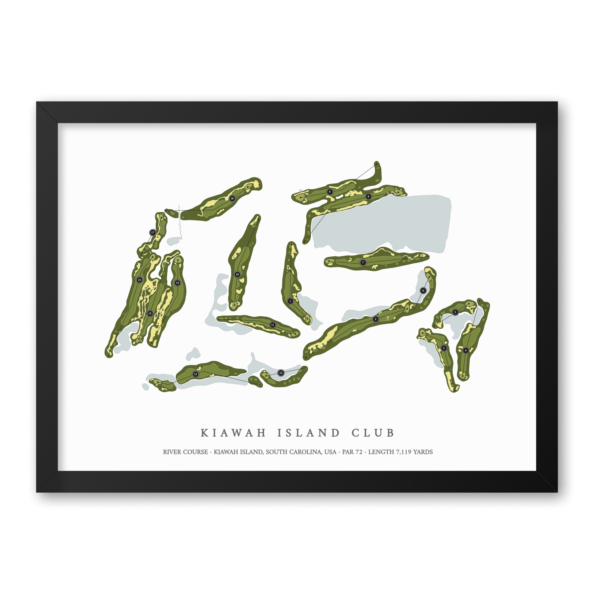 Kiawah Island Club - River Course | Golf Course Map | Black Frame With Hole Numbers #hole numbers_yes
