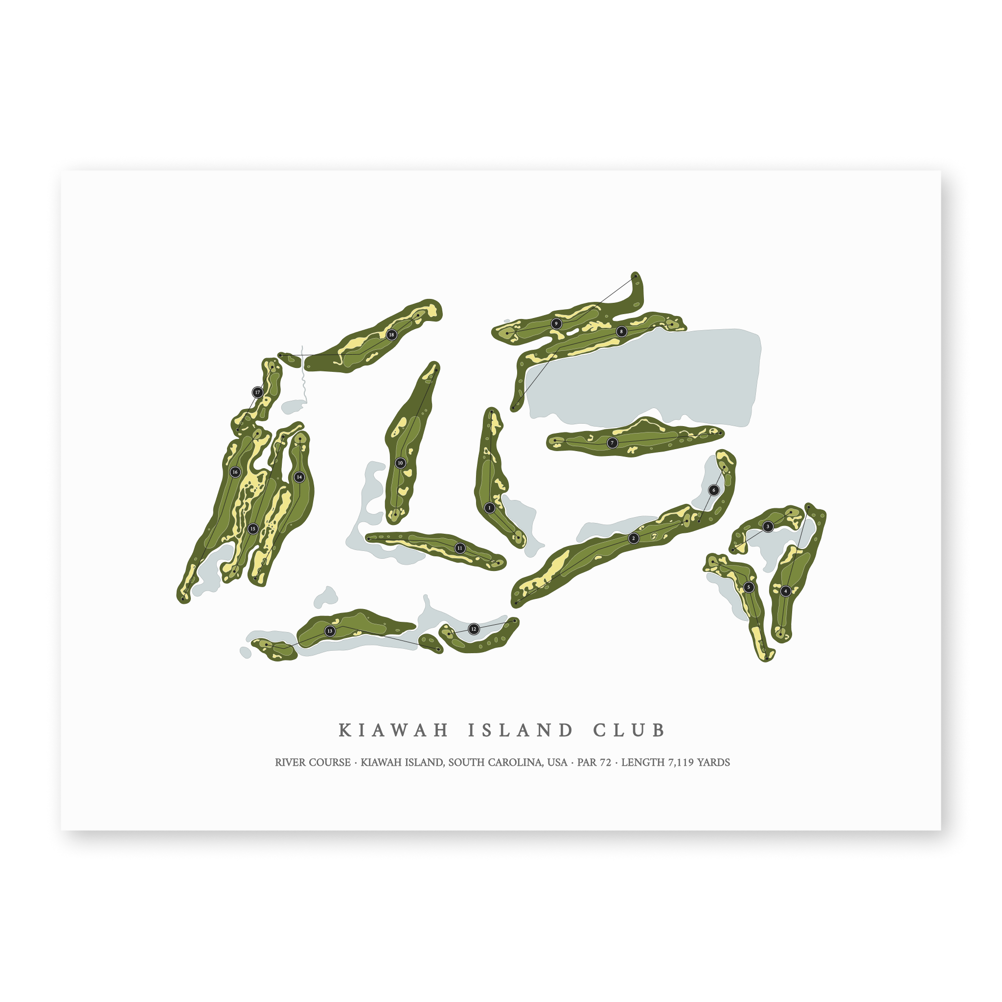 Kiawah Island Club - River Course | Golf Course Map | Unframed With Hole Numbers #hole numbers_yes
