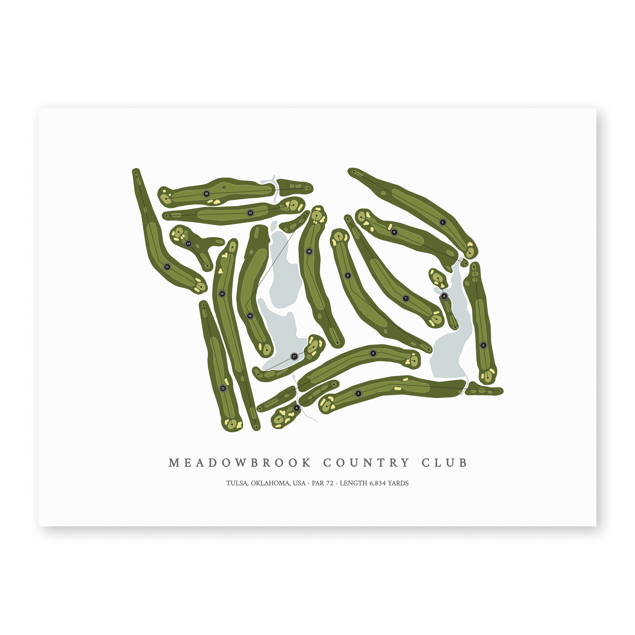 Meadowbrook Country Club | Golf Course Map | Unframed With Hole Numbers #hole numbers_yes