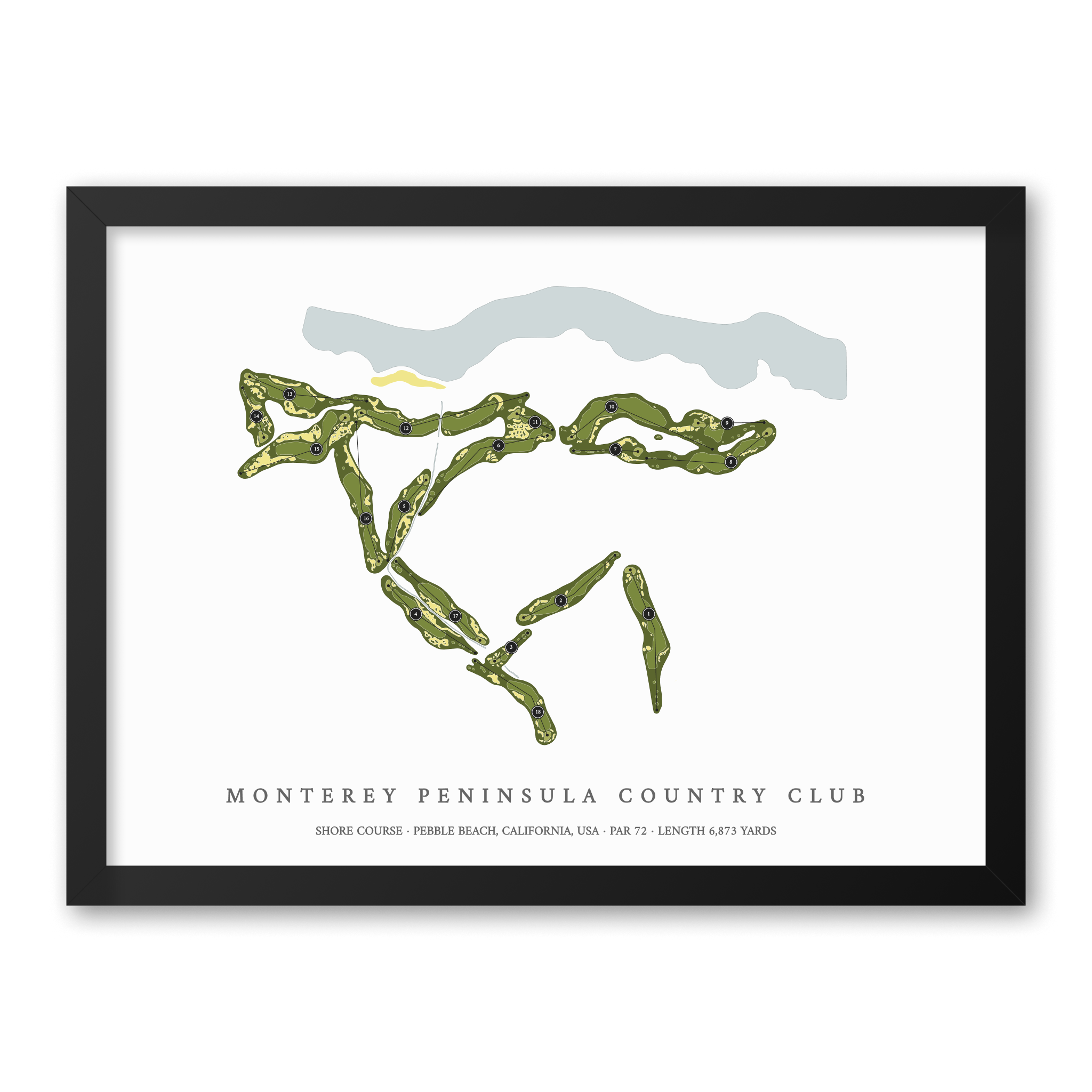 Monterey Peninsula Country Club - Shore Course | Golf Course Map | Black Frame With Hole Numbers #hole numbers_yes