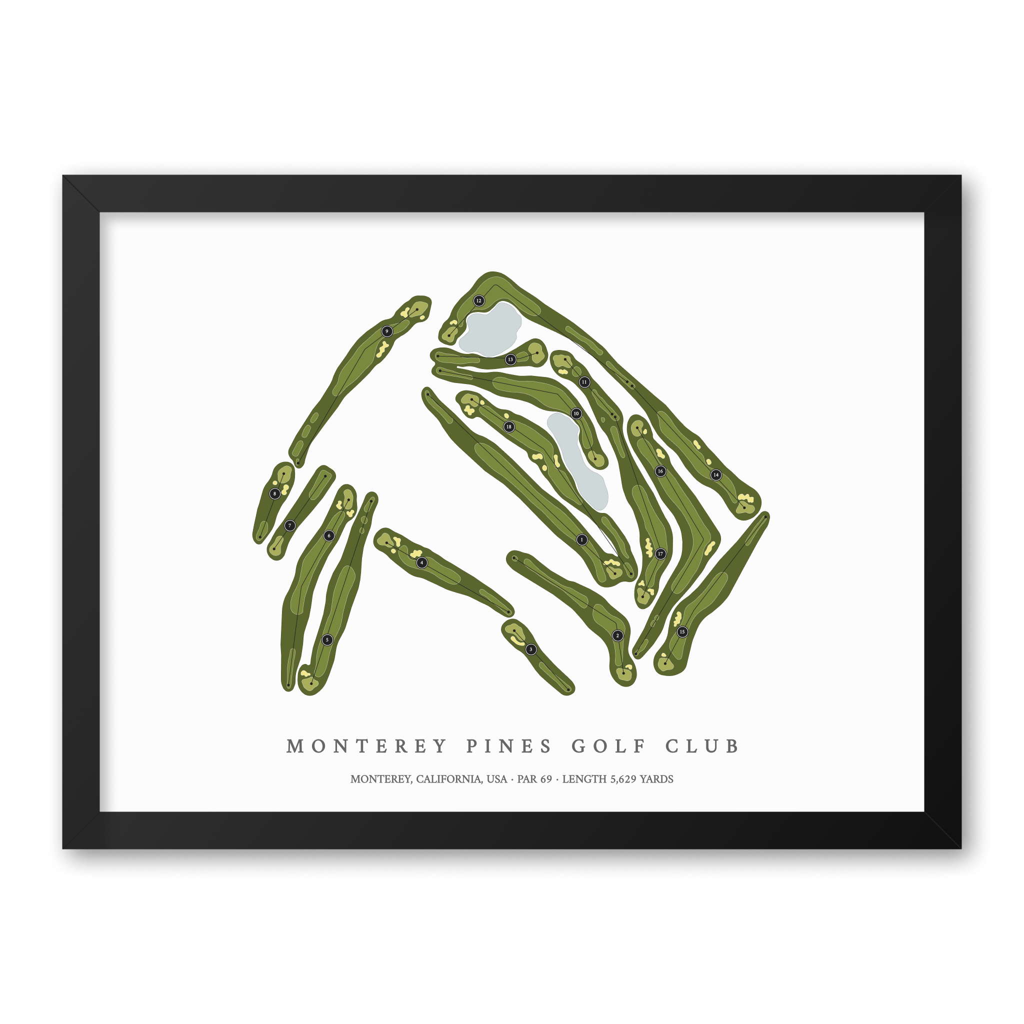 Monterey Pines Golf Club | Heritage Style Golf Course Print | Black Frame With Hole Numbers #hole numbers_yes