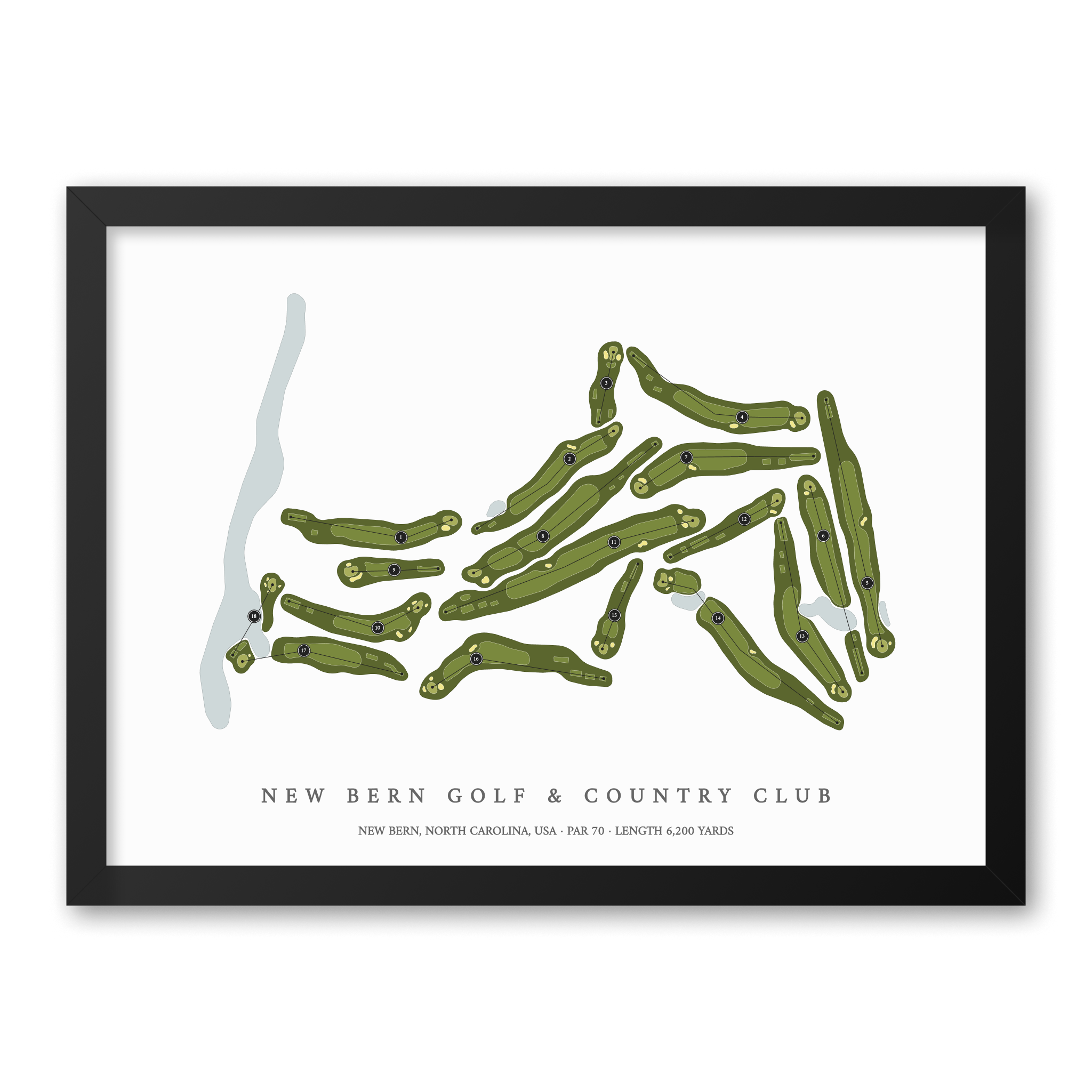New Bern Golf & Country Club| Golf Course Print | Black Frame With Hole Numbers #hole numbers_yes