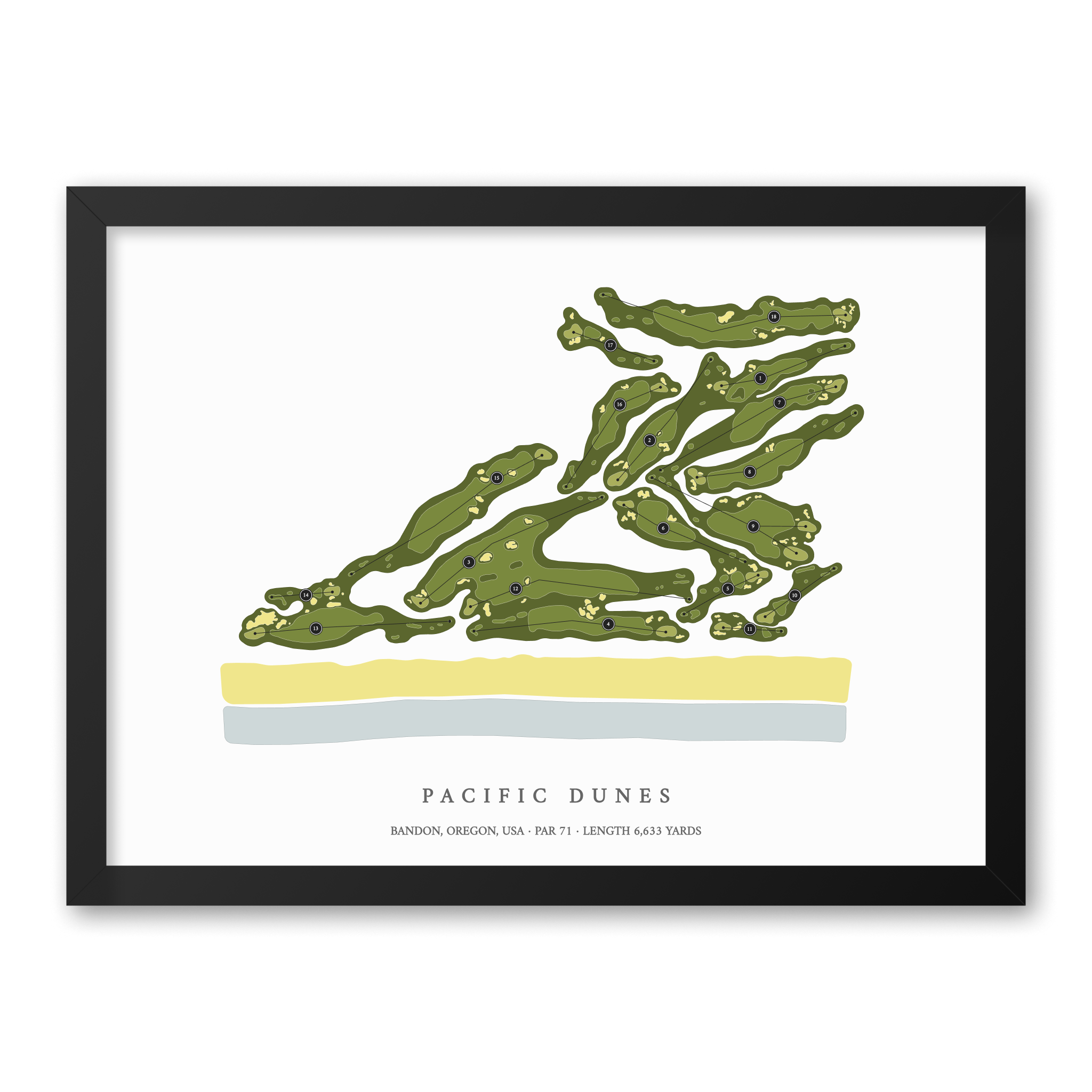 Pacific Dunes| Golf Course Print | Black Frame With Hole Numbers #hole numbers_yes
