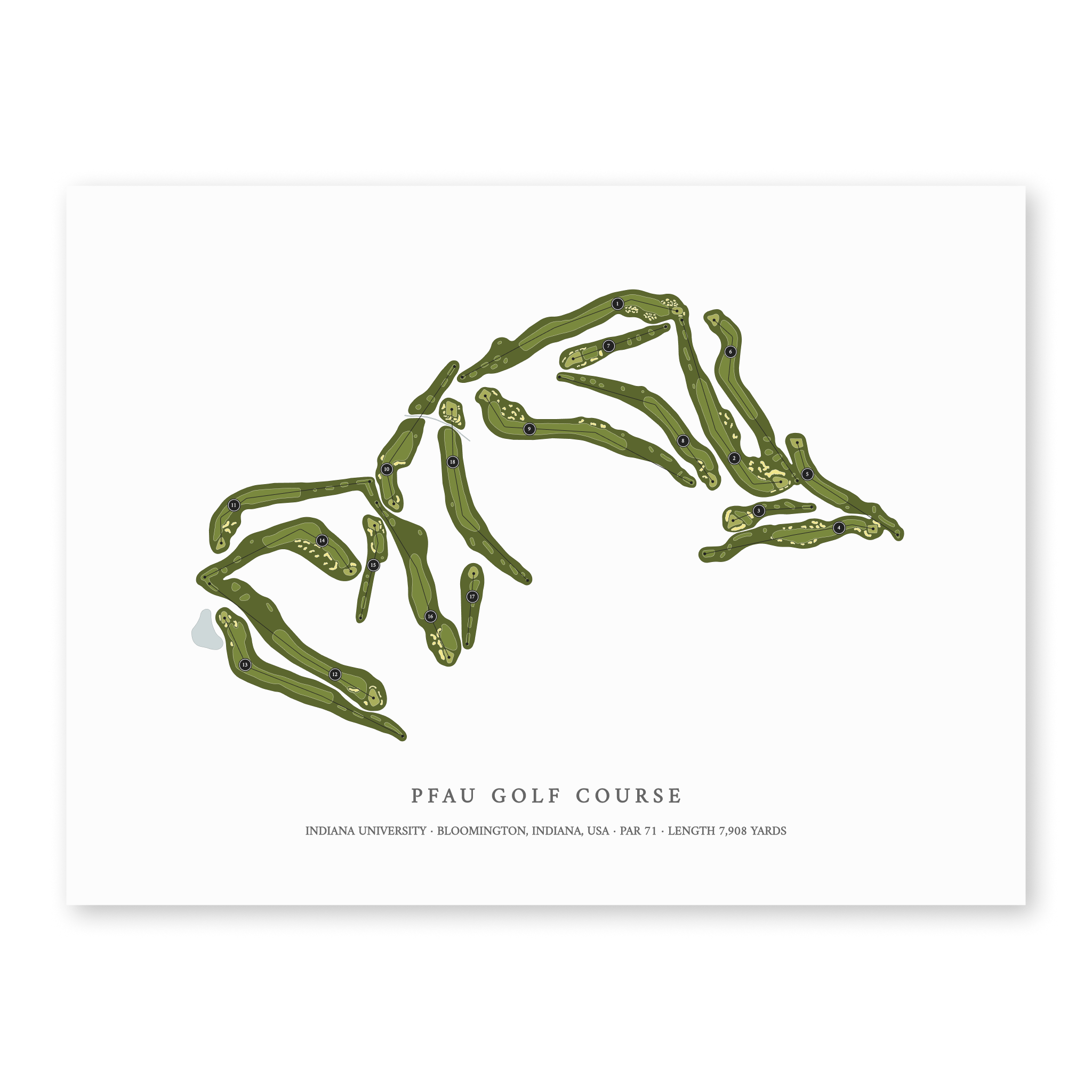 Pfau Golf Course at Indiana University | Heritage Style Golf Course Print | Unframed With Hole Numbers #hole numbers_yes