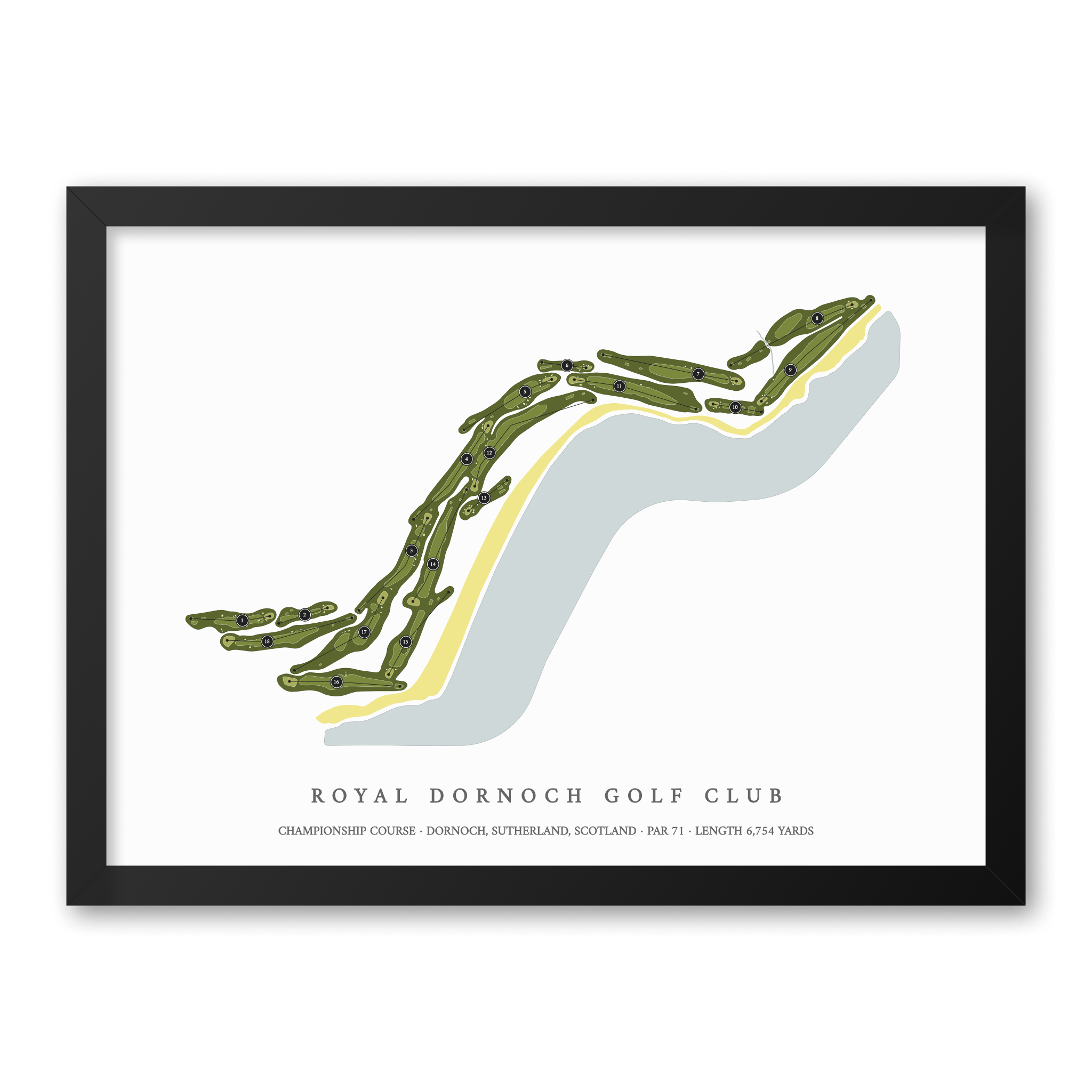 Royal Dornoch Golf Club - Championship Course | Golf Course Map | Black Frame With Hole Numbers #hole numbers_yes