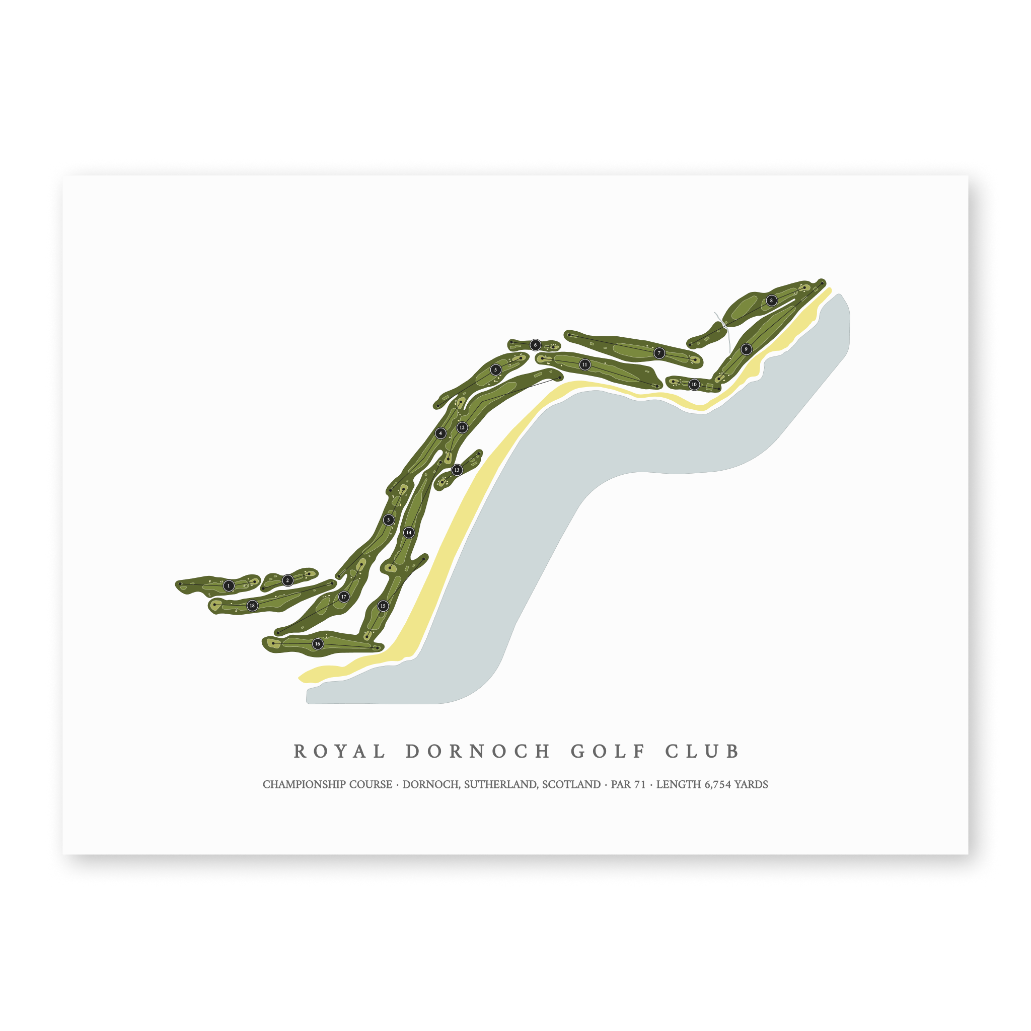 Royal Dornoch Golf Club - Championship Course | Golf Course Map | Unframed With Hole Numbers #hole numbers_yes
