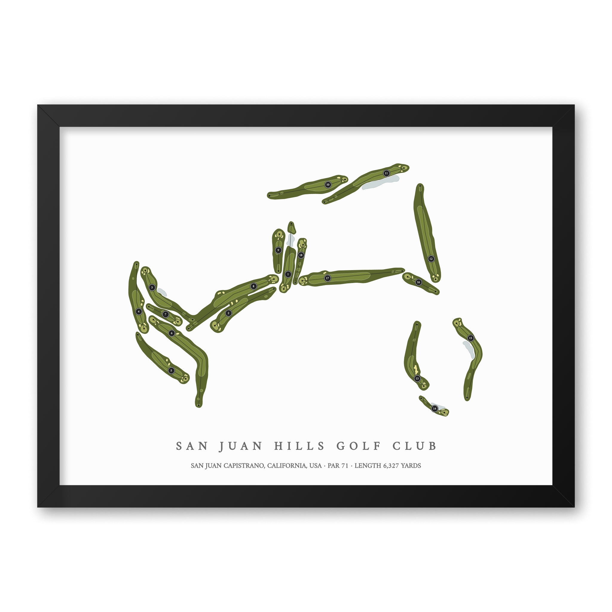 San Juan Hills Golf Club | Heritage Style Golf Course Print | Black Frame With Hole Numbers #hole numbers_yes