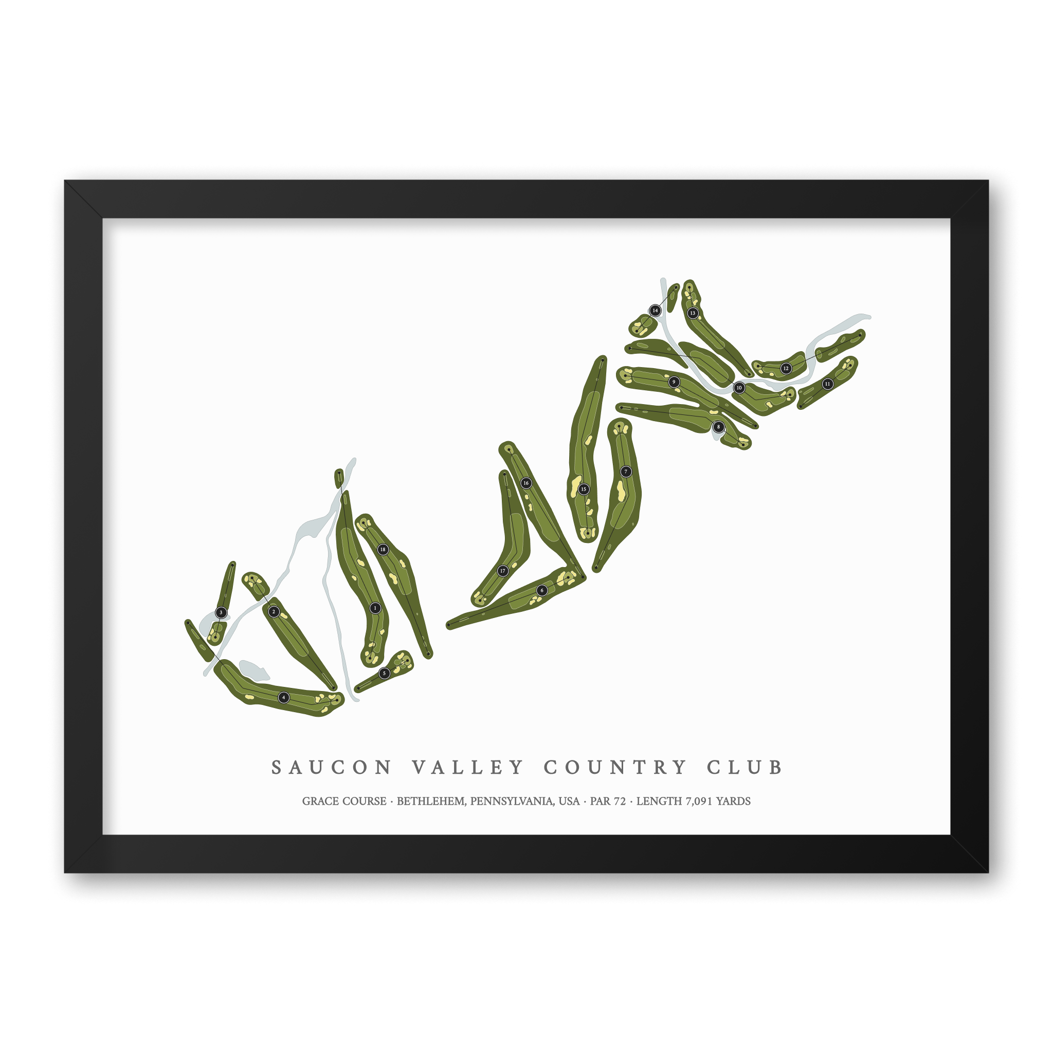 Saucon Valley Country Club - Grace Course | Golf Course Map | Black Frame With Hole Numbers #hole numbers_yes