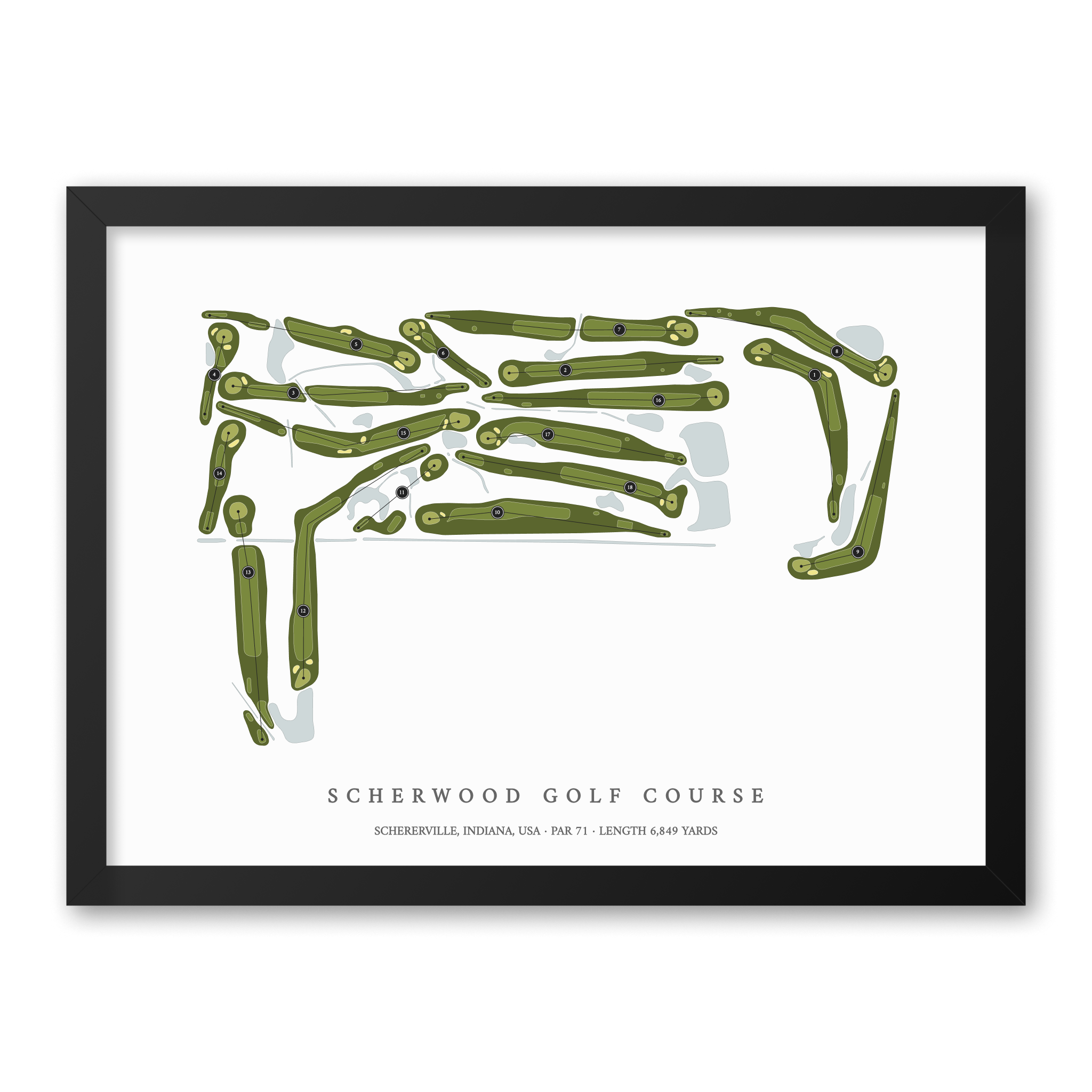 Scherwood Golf Course | Golf Course Map | Black Frame With Hole Numbers #hole numbers_yes