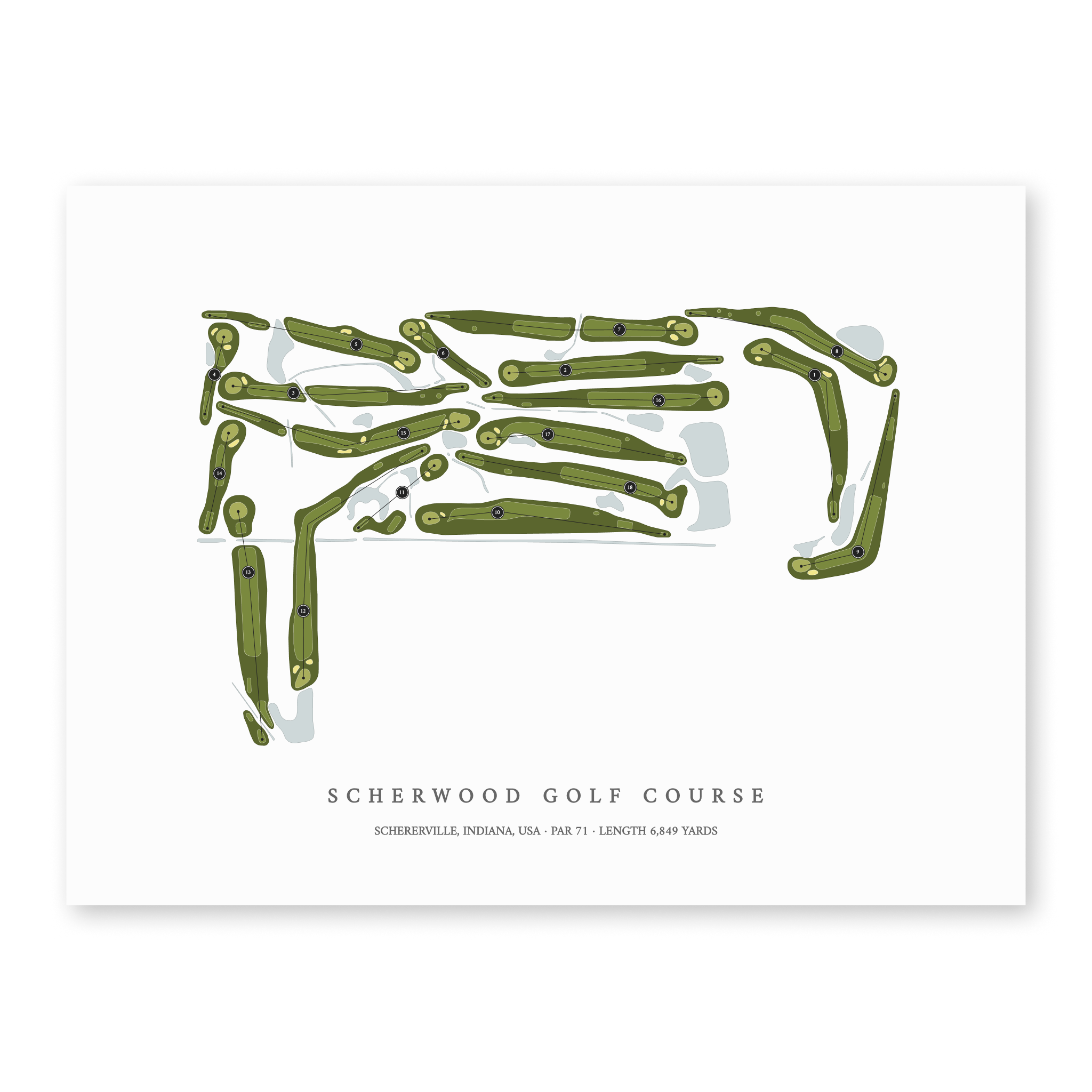 Scherwood Golf Course | Golf Course Map | Unframed With Hole Numbers #hole numbers_yes