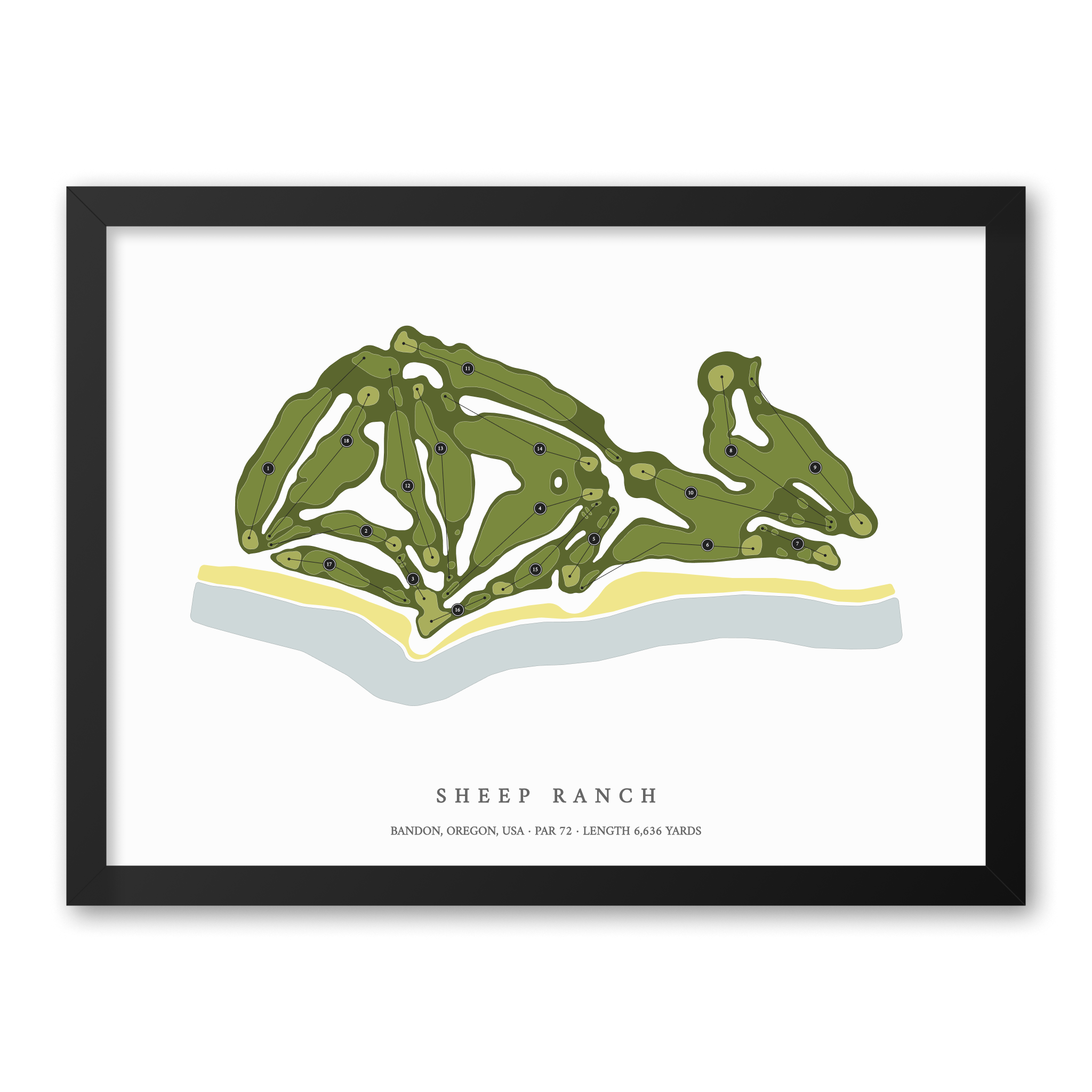 Sheep Ranch| Golf Course Print | Black Frame With Hole Numbers #hole numbers_yes