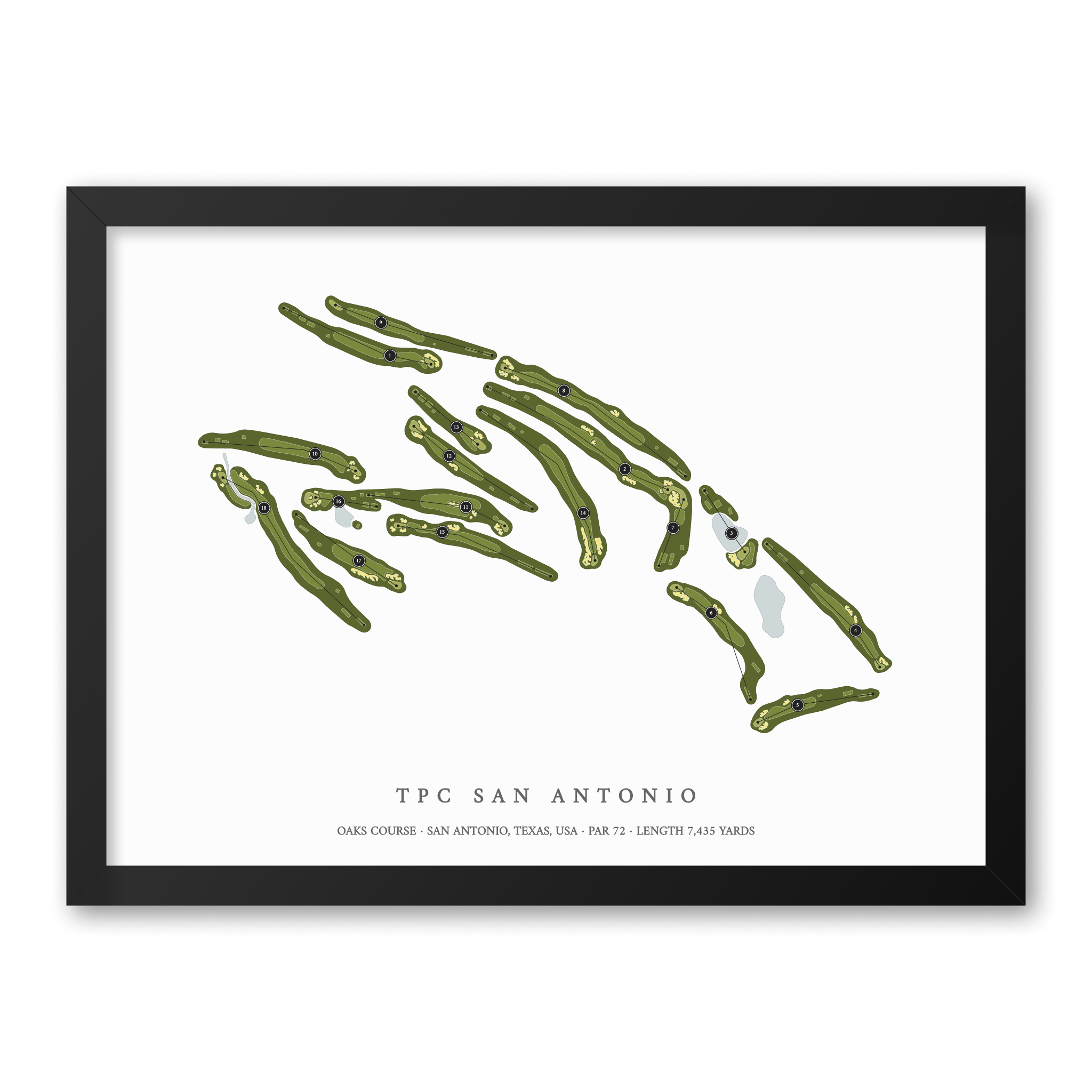 TPC San Antonio - Oaks Course| Golf Course Print | Black Frame With Hole Numbers #hole numbers_yes