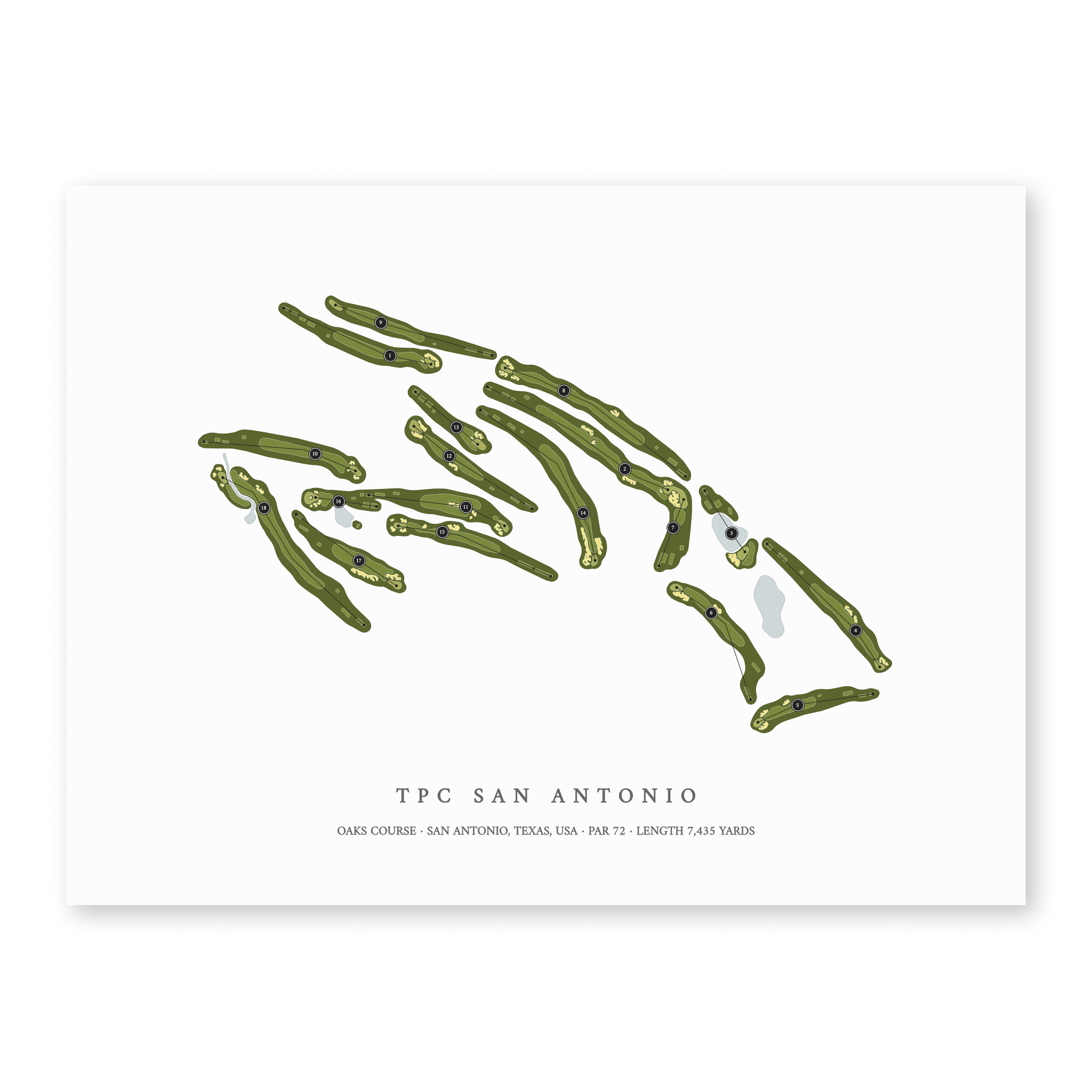 TPC San Antonio - Oaks Course| Golf Course Print | Unframed With Hole Numbers #hole numbers_yes