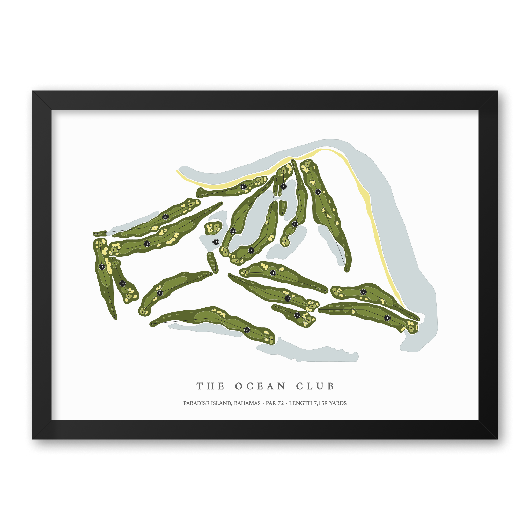 The Ocean Club | Golf Course Map | Black Frame With Hole Numbers #hole numbers_yes