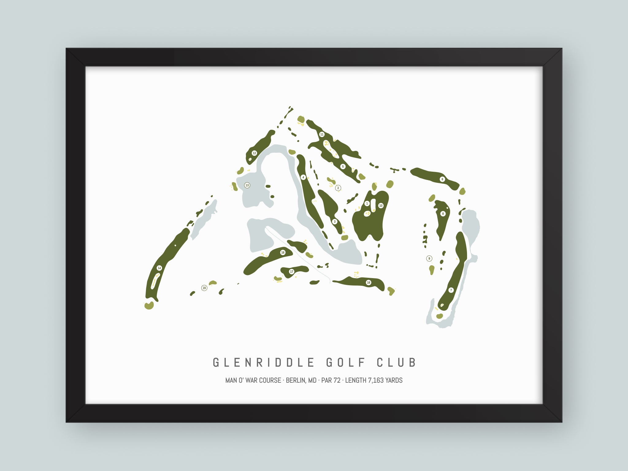 GlenRiddle-Golf-Club-Man-O-War-Course-MD--Black-Frame-24x18-With-Hole-Numbers